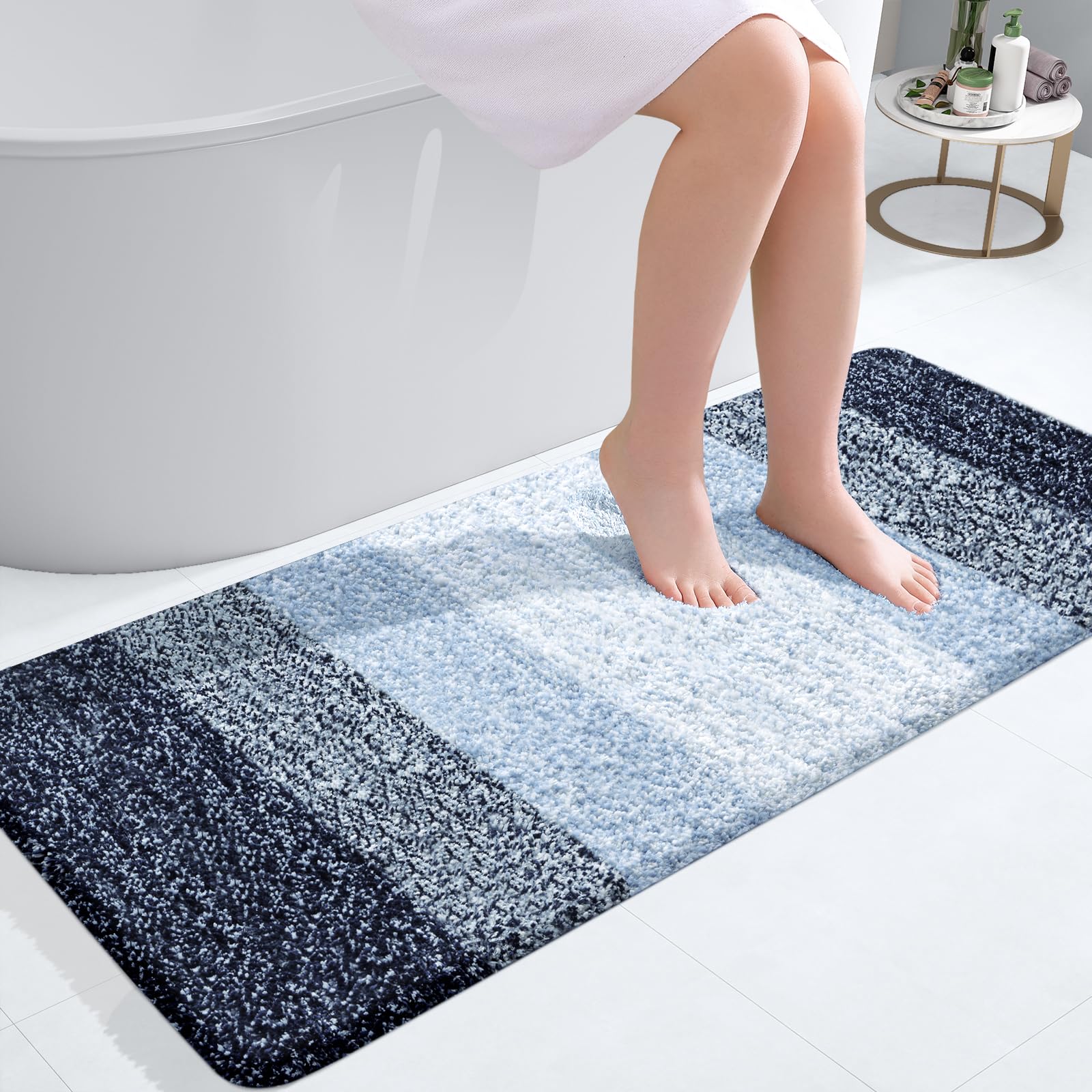 OLANLY Luxury Bathroom Rug Mat 47x20  Extra Soft and Absorbent Microfiber Bath Rug  Non-Slip Plush Shaggy Bath Carpet Runner  Machine Wash Dry  Bath Mats for Bathroom Floor  Tub and Shower  Navy Blue