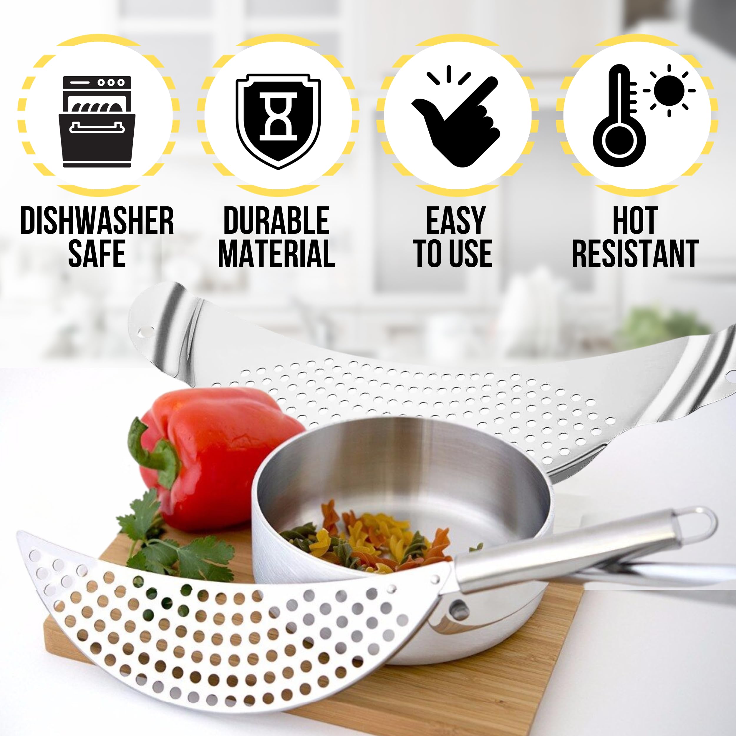 Pack Of 2 Pot Strainer With Handle - 10 Inch Stainless Steel Colander With Handle Stainless Steel Held Crescent Drainer Pan Cres