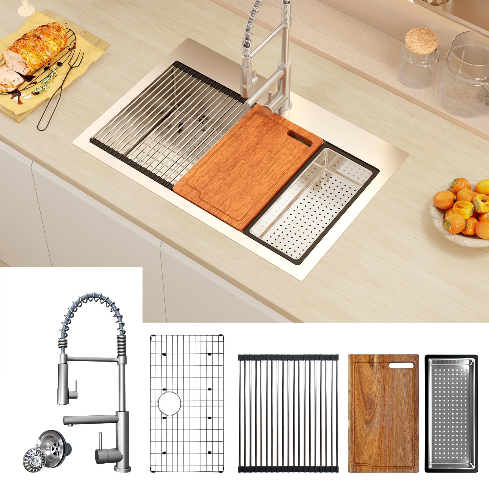 Kitchen Sink Workstation, Tecasa 33 Inch Kitchen Sink With Faucet Combo, Dual Mount Drop In Sink Single Bowl Stainless Steel Met