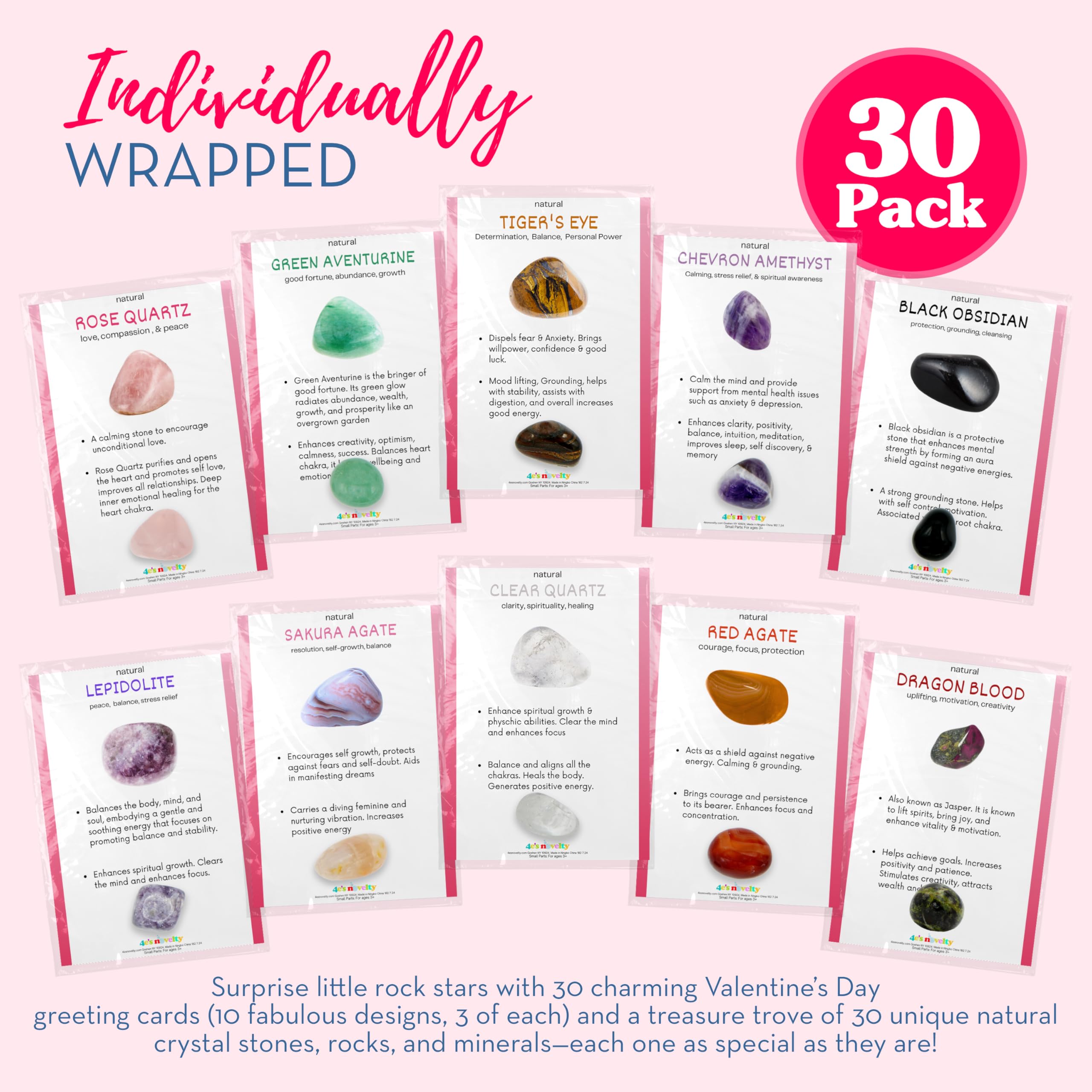 4E'S Novelty You'Re A Gem Cards With Natural Gems - 30 Pack Individually Wrapped Gemstone Valentines Cards With Crystals Rock,Va