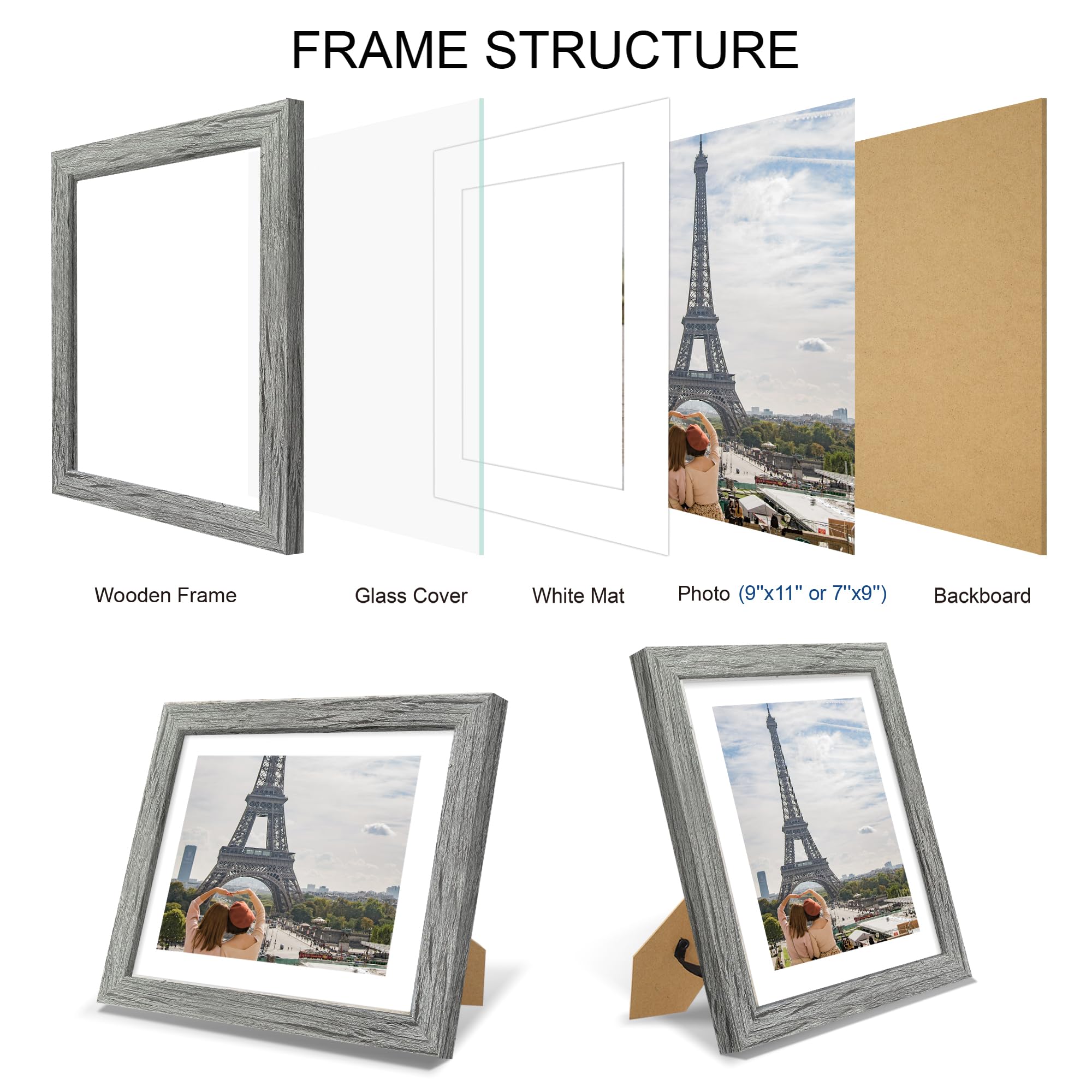 Hongkee 9x11 Picture Frame Set of 4, Made of Real Glass and Grey Frame - Display Picture 7x9 with Mat or 9x11 Without Mat, 9 by