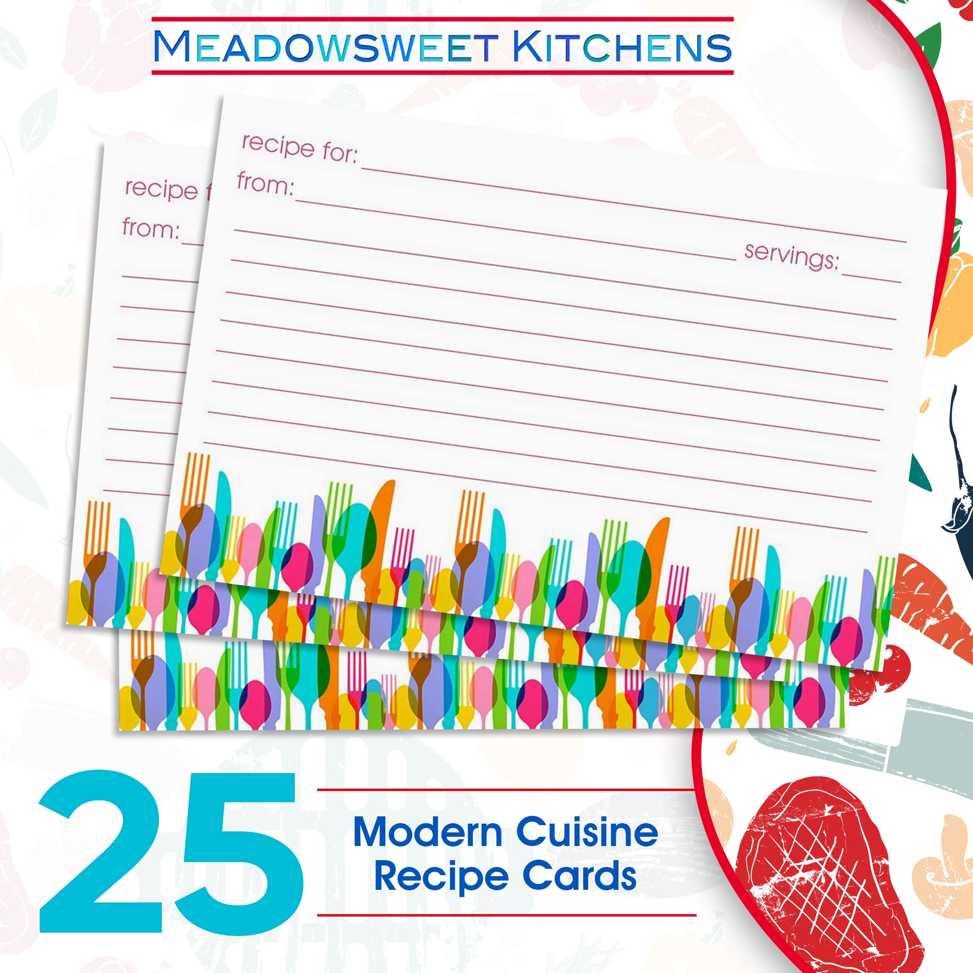 Meadowsweet Kitchens Recipe Card Set - 25 Recipe Cards 4 X 6 Inch, Perfect Size For A Recipe Card Box For Wedding, Bridal Shower