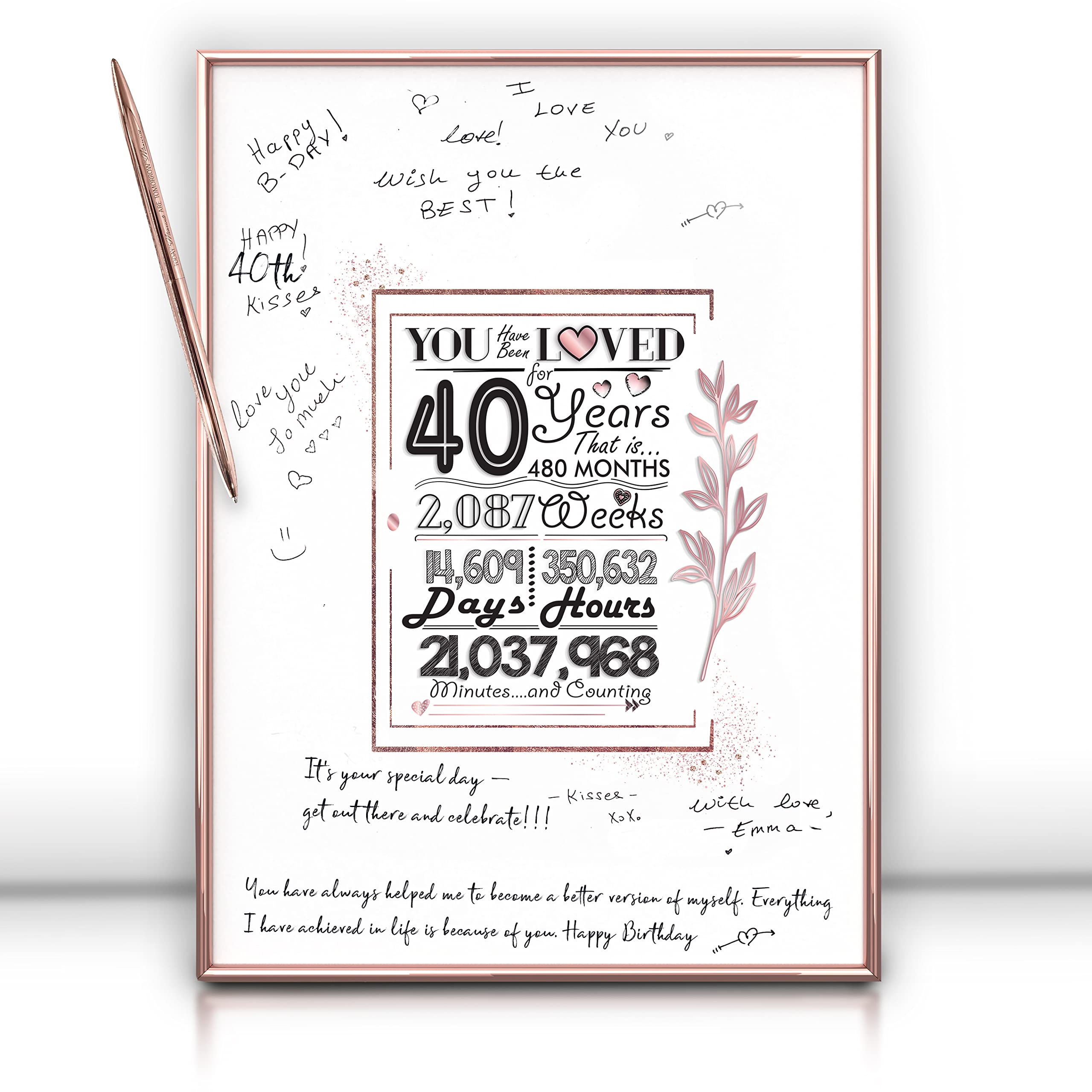 Rose Gold 40Th Birthday Decorations For Womens - 40 Birthday Gifts For Her 12 ''X16 '' Guest Book Sign Poster - Framed Ready To