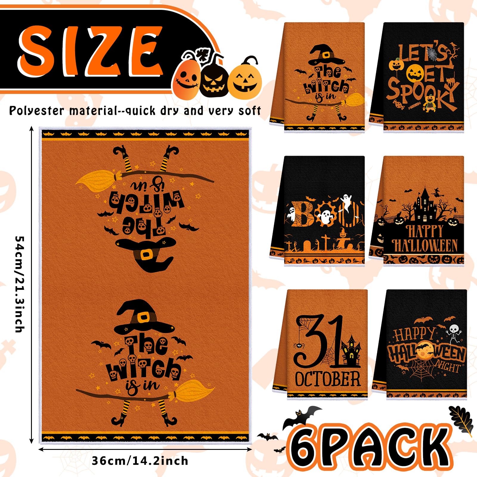Ganeen 6 Pcs Halloween Kitchen Towels Dwarfs Cobwebs Witches Castles Dish Fiber Fingertip Hand Tea Towels 14.2 x 21.3 Inch for S