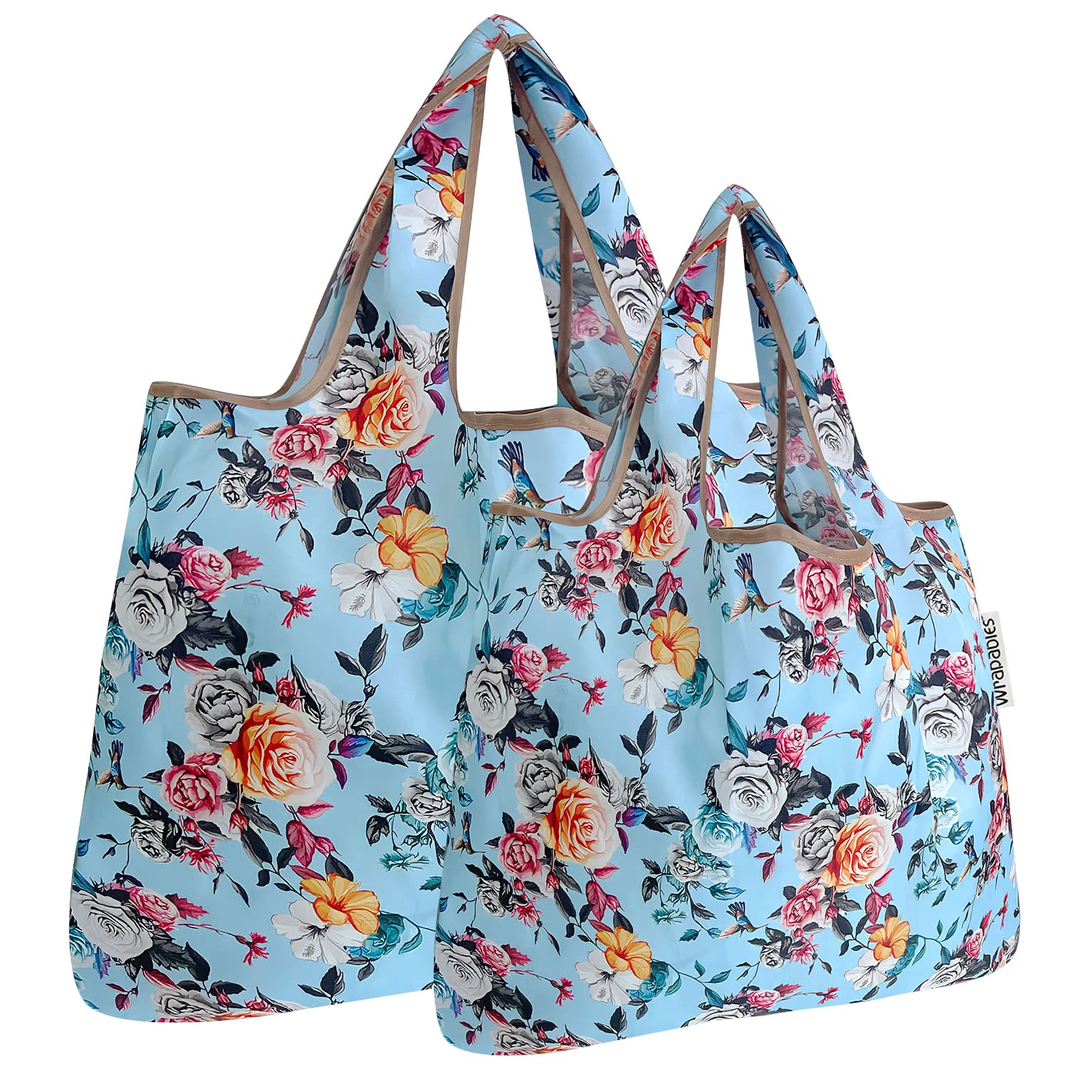 allydrew Large & Small Foldable Tote Nylon Reusable Grocery Bags, Set of 2, Roses on Blue