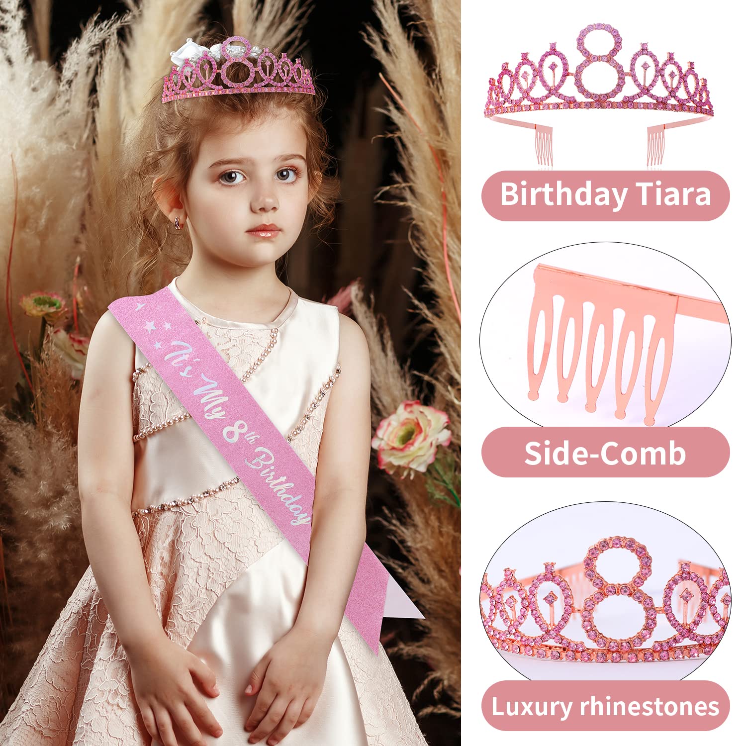 8Th Birthday Candle Sash And Tiara Sets,It'S My 8Th Birthday Sash Rhinestone Crown Happy Birthday Cake Topper 32Inch Foil Balloo