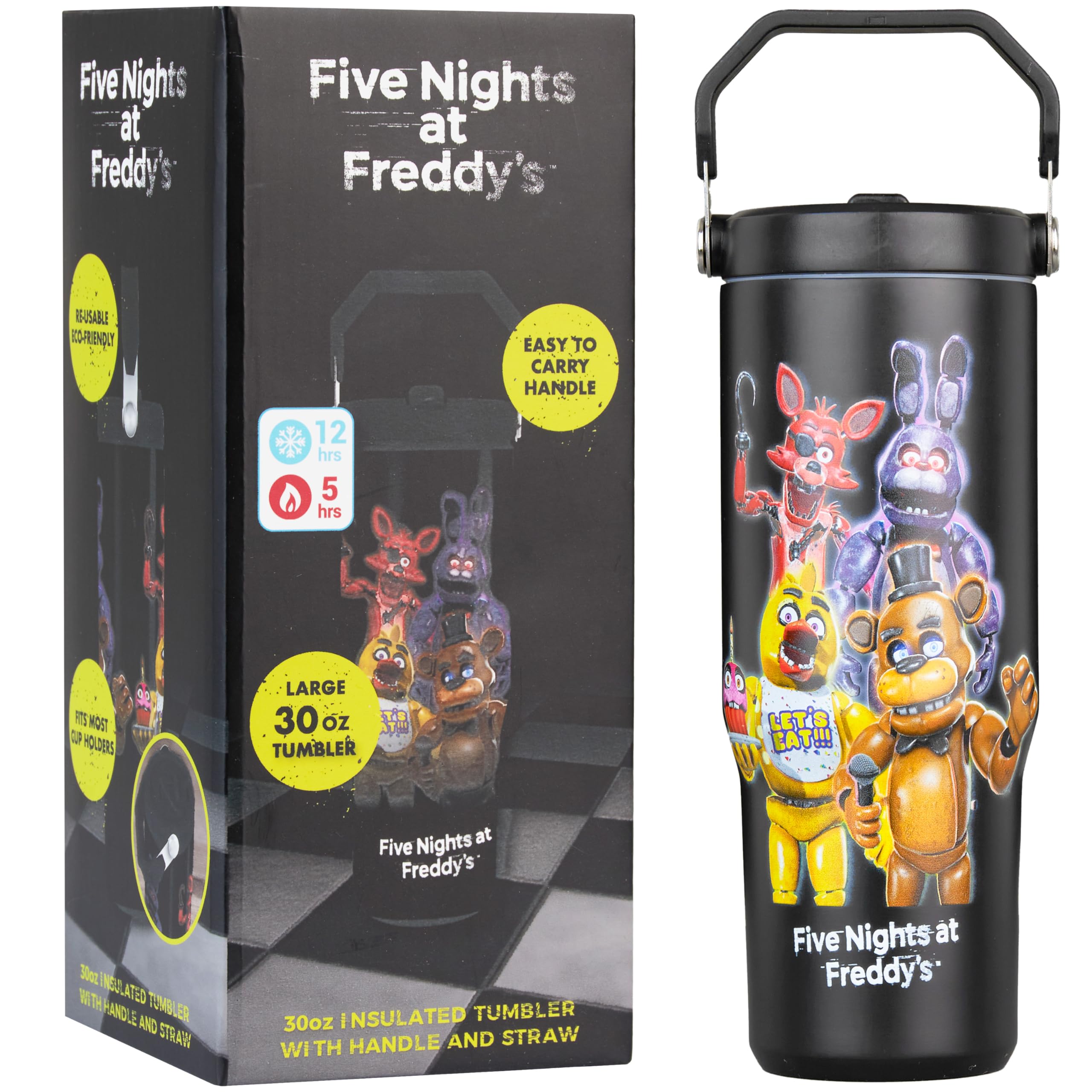Get Trend Five Nights at Freddys 30oz Tumbler with Handle and Straw, Stainless Steel Insulated Water Bottle, BPAFree, LeakProo