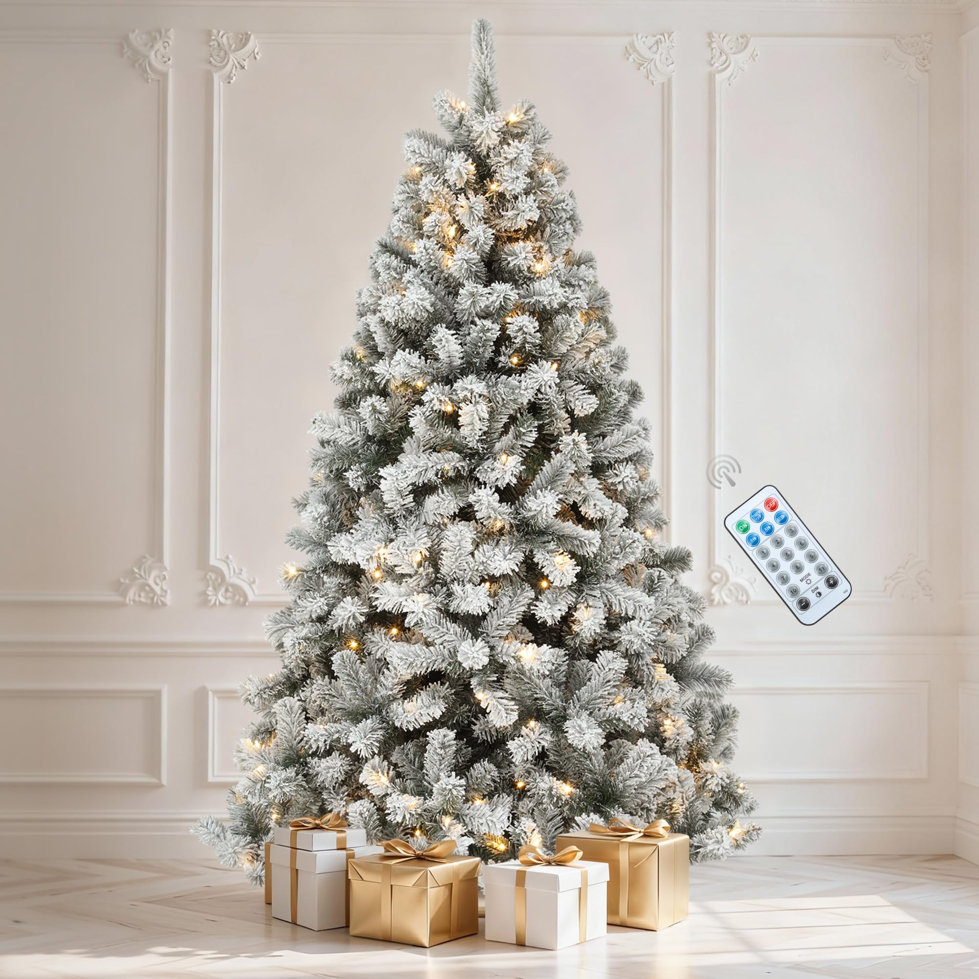 DWVO 9 ft Prelit Snow-Flocked Artificial Pine Christmas Tree, Full Xmas Tree with 900 Lights, 11 Lighting Modes, 2094 Tips, Fold