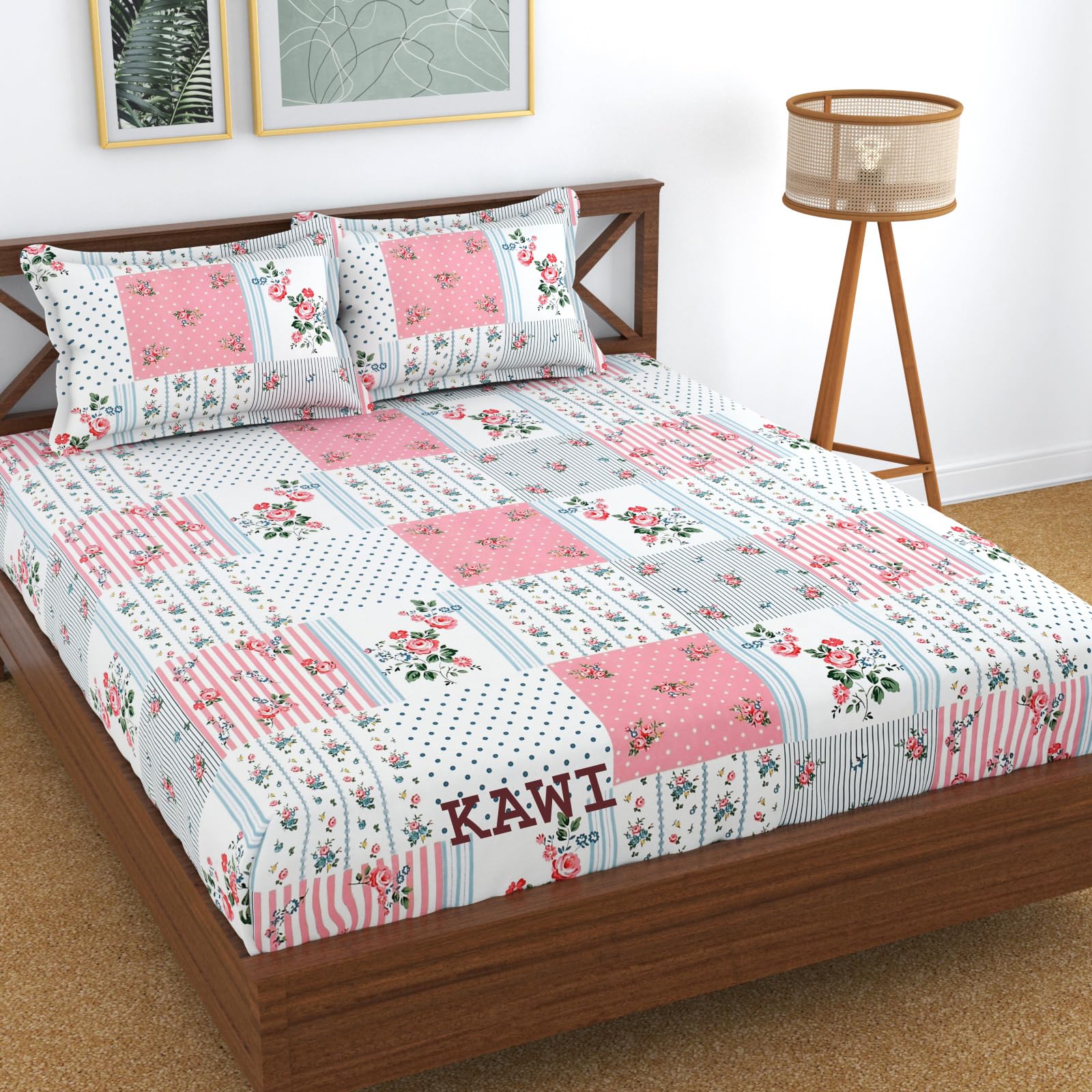 Kawi Elastic Fitted Bedsheet Cotton Blend Double Bed With 2 Pillow Cover (72 X 78)- Pink & White Color