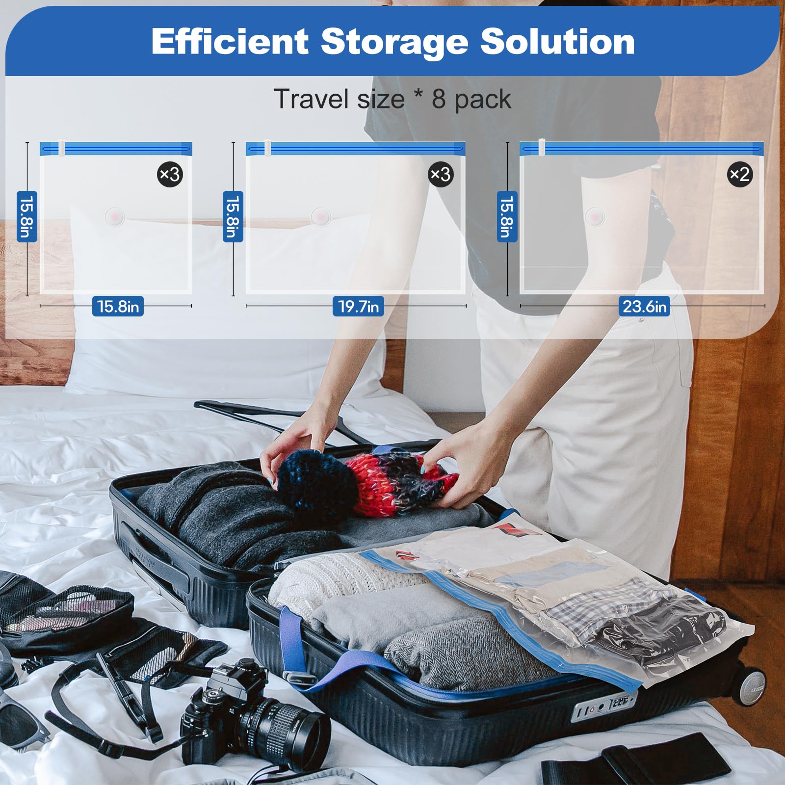 VMstr Travel Vacuum Storage Bags with Electric USB Pump - 8 Combo Size, Polypropylene & Polyamide Material
