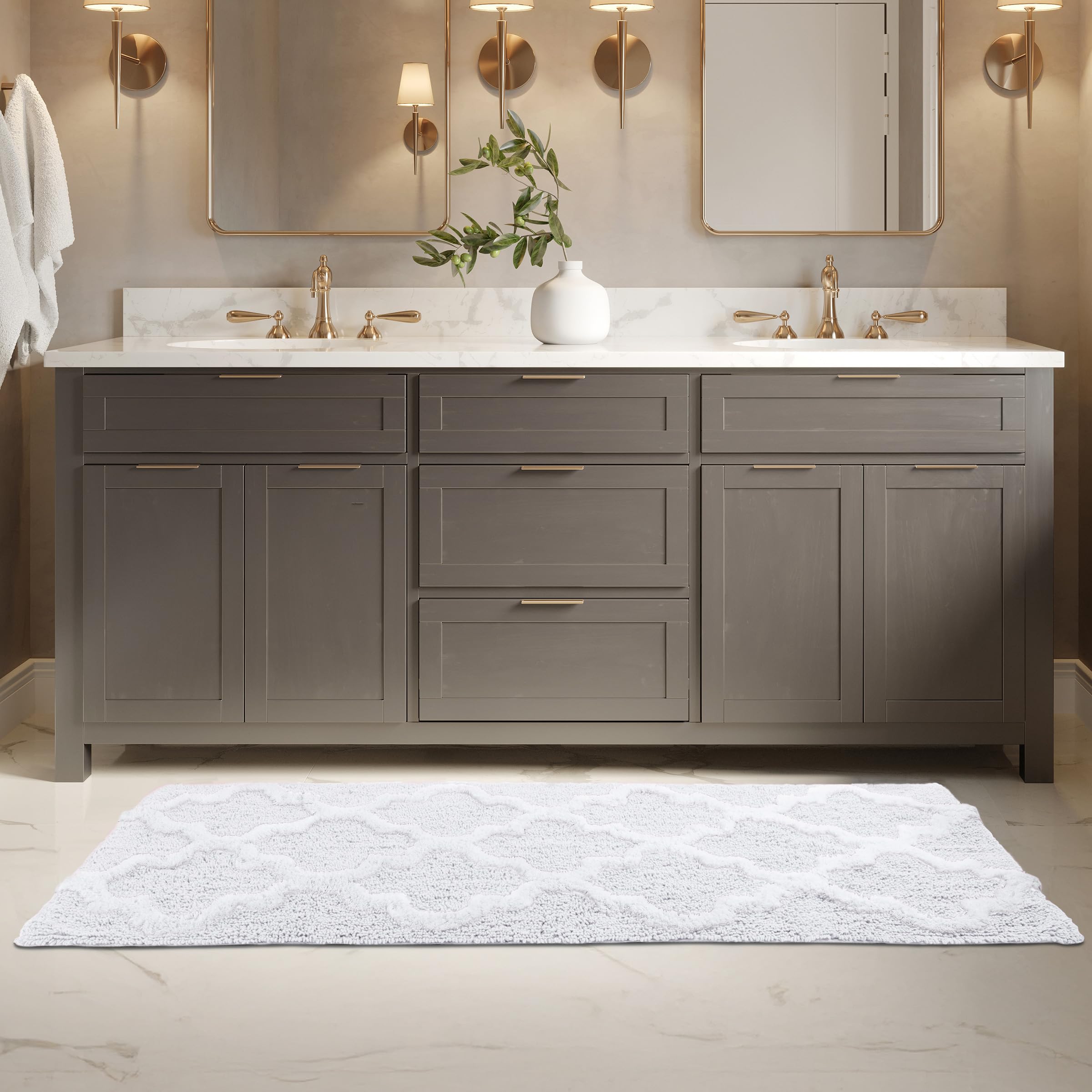 Lavish Home 100% Cotton Trellis Bathroom Mat - 24x60 inches - White