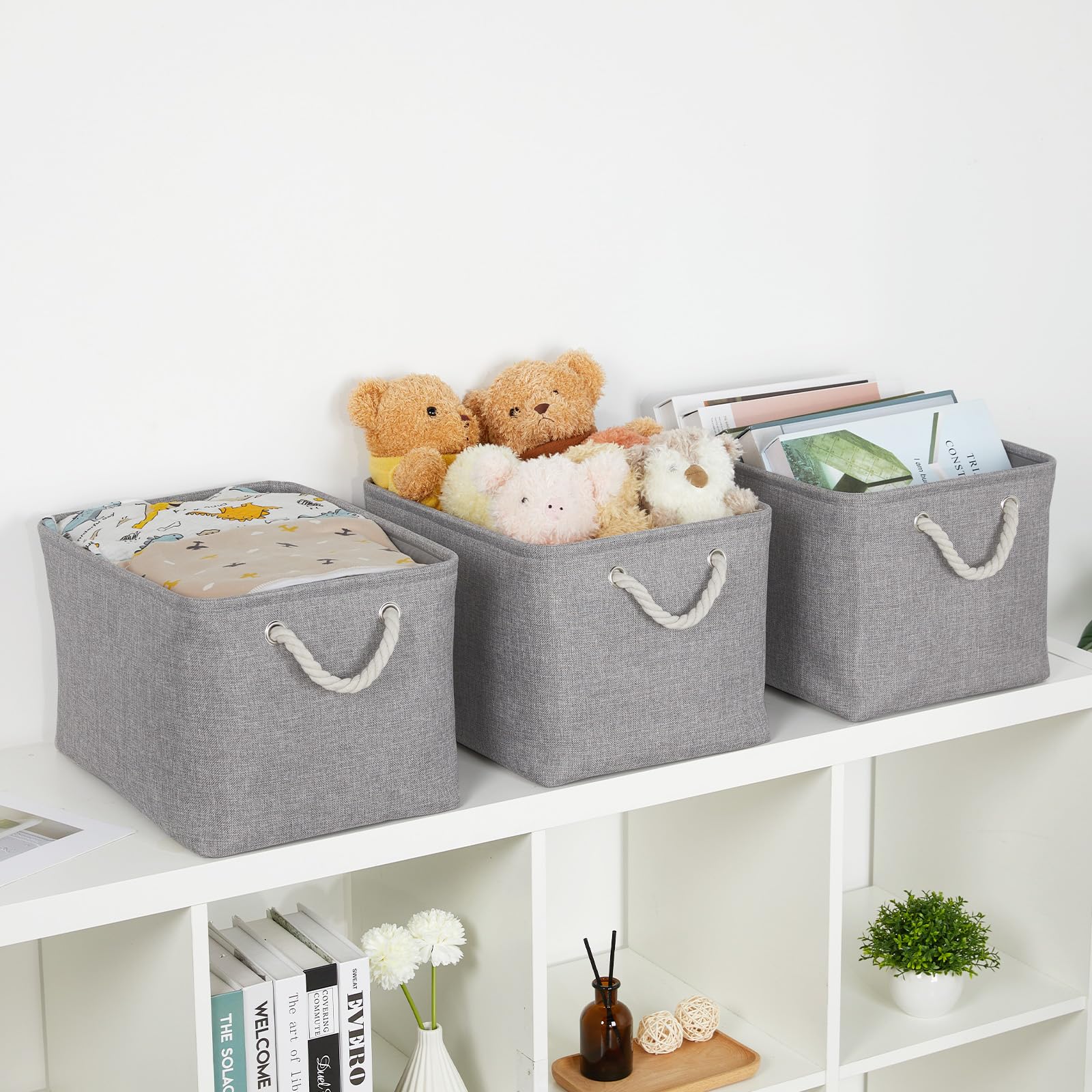Bidtakay Storage Baskets Gray 3 Pack Shelf Baskets Collapsible Storage Bins For Clothes 15X11X9.5Inch Decorative Baskets With Ha