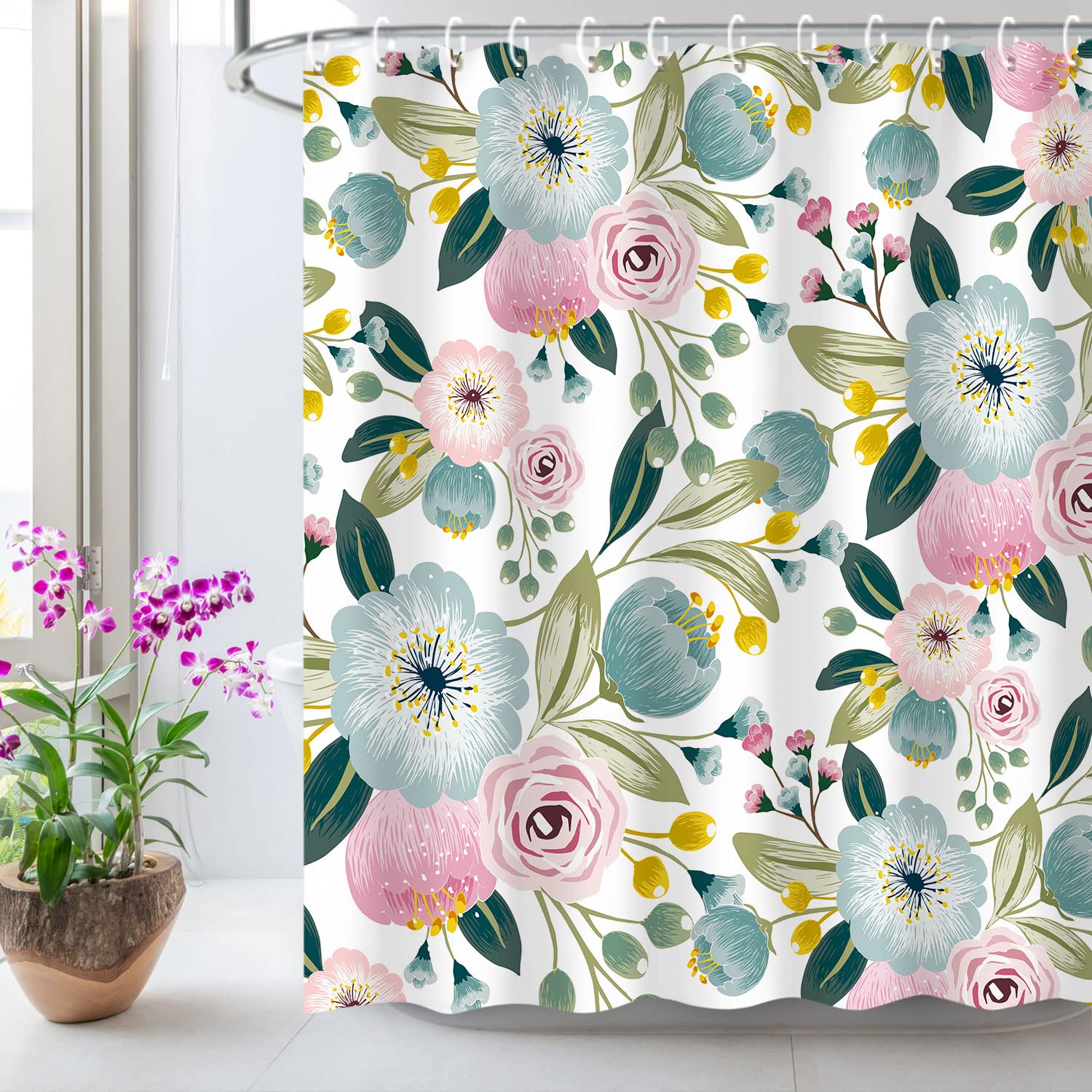 Livilan Mint Blue Shower Curtain Boho Shower Curtains Floral Blossom Flowers Shower Curtain Set Girly Light Blue And Pink Poppy