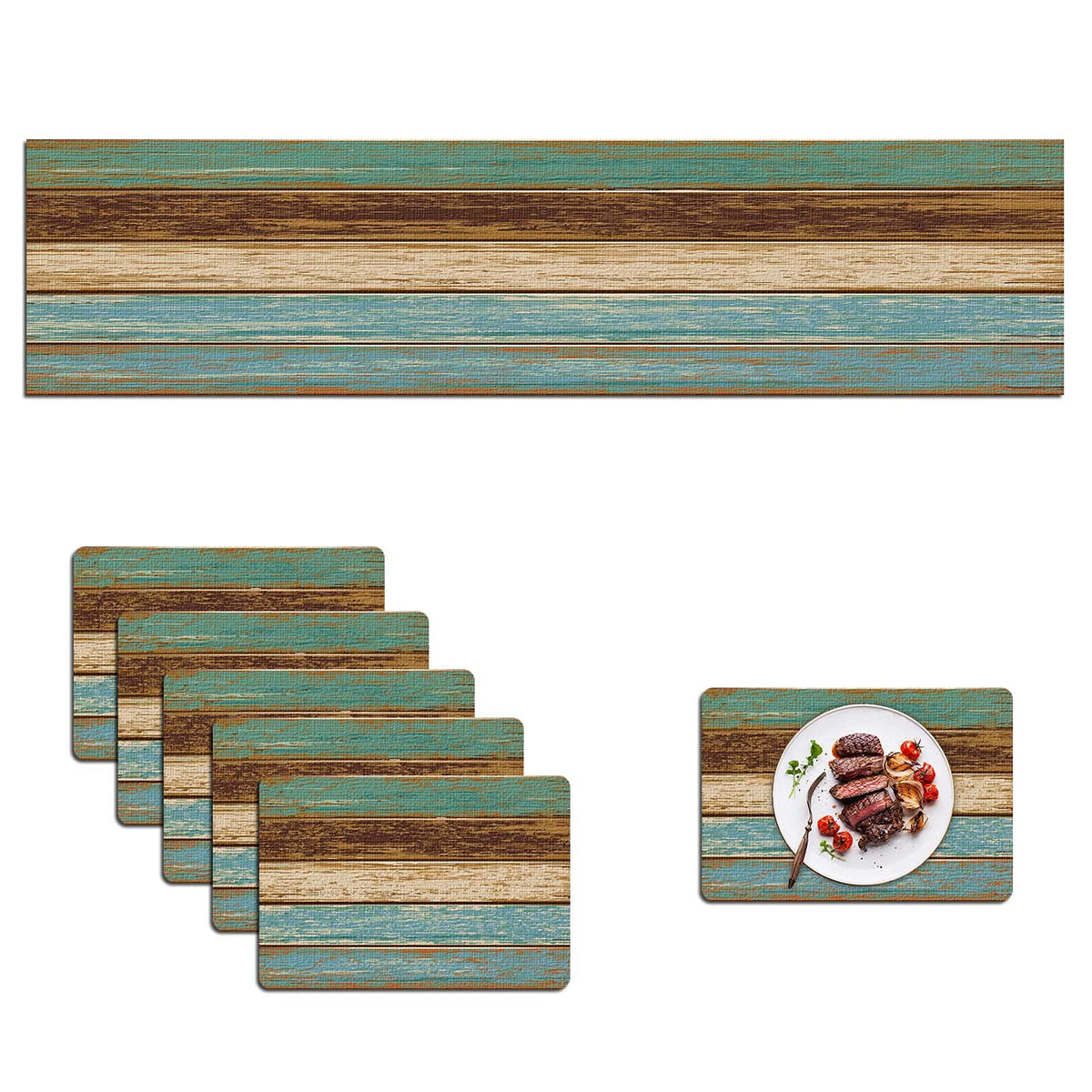 Mcalk Farmhouse Table Runner And Placemats Set Of 6 Pieces, Teal And Brown Placemats Wooden Texture,Rectangle Cloth Place Mats I