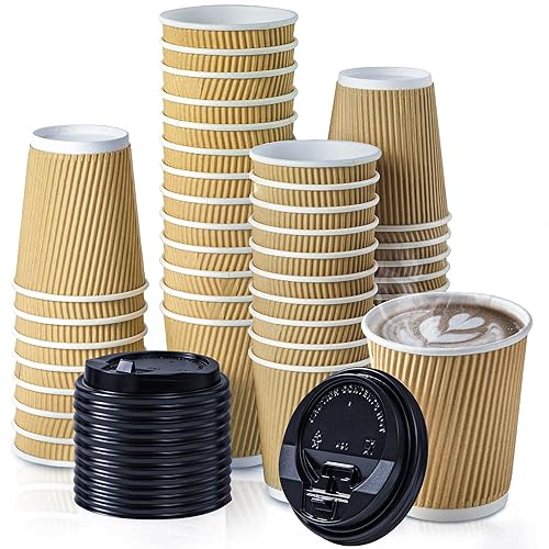 Fit Meal Prep [50 Pack] Disposable Hot Cups with Lids - 8 oz Brown Double Wall Insulated Ripple Sleeves Coffee Cups with Black Dome Lid - Kraft Paper Cup for To Go Chocolate  Tea  and Cocoa Drinks