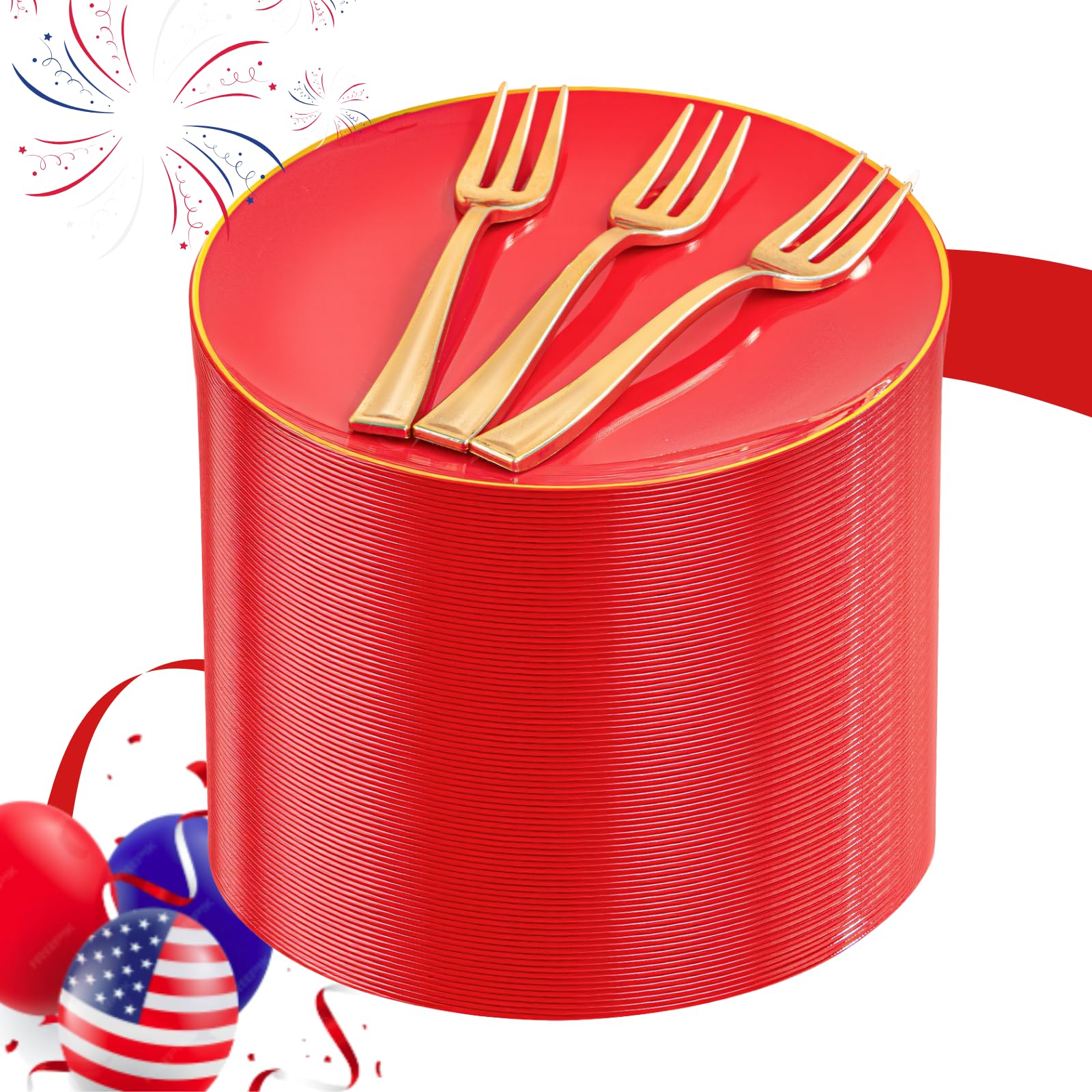 Festiva 200Pcs Red Gold Dessert Plates 6.3 with Plastic Forks 5-Small Disposable Plates- Dessert/Cake/Appetizer Plastic Plates i