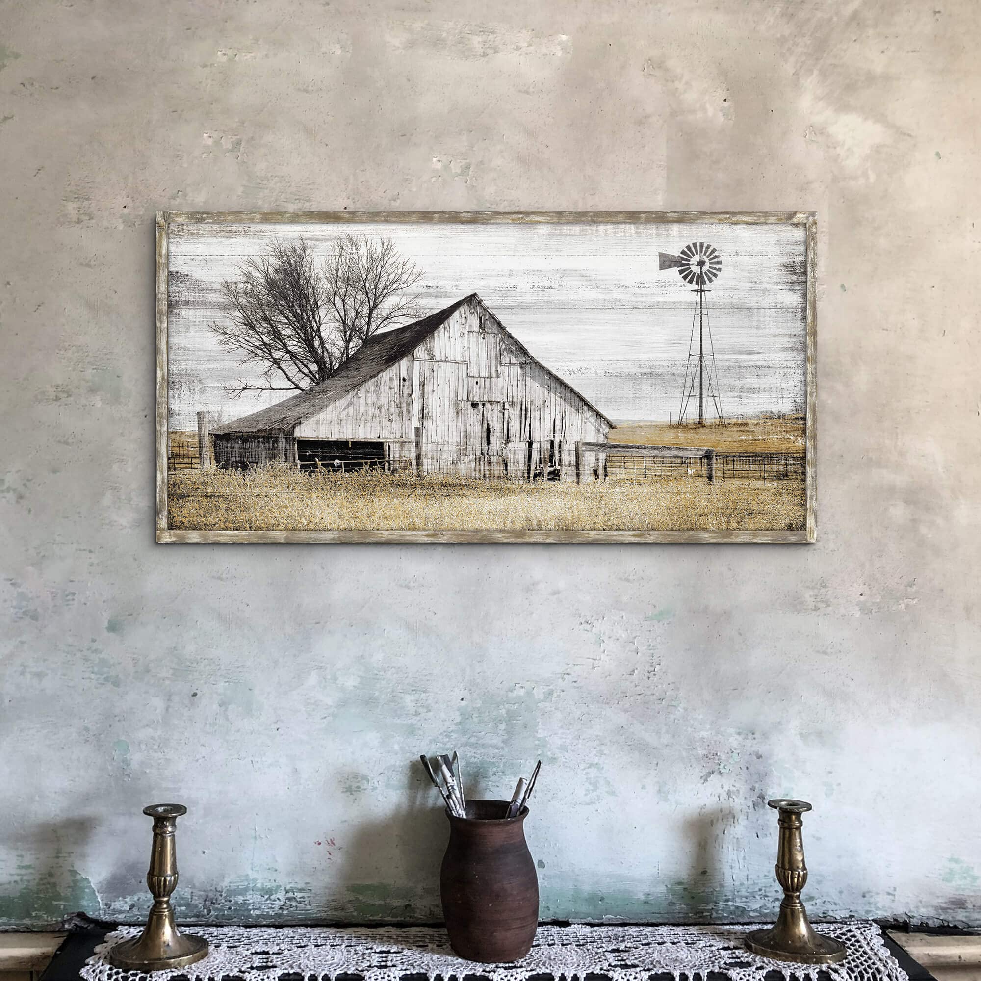 Farmhouse Framed Wall Art Picture: Rustic Barn Farm Wood Artwork Decor Large Country Landscape Windmill Print Horizontal Panoram