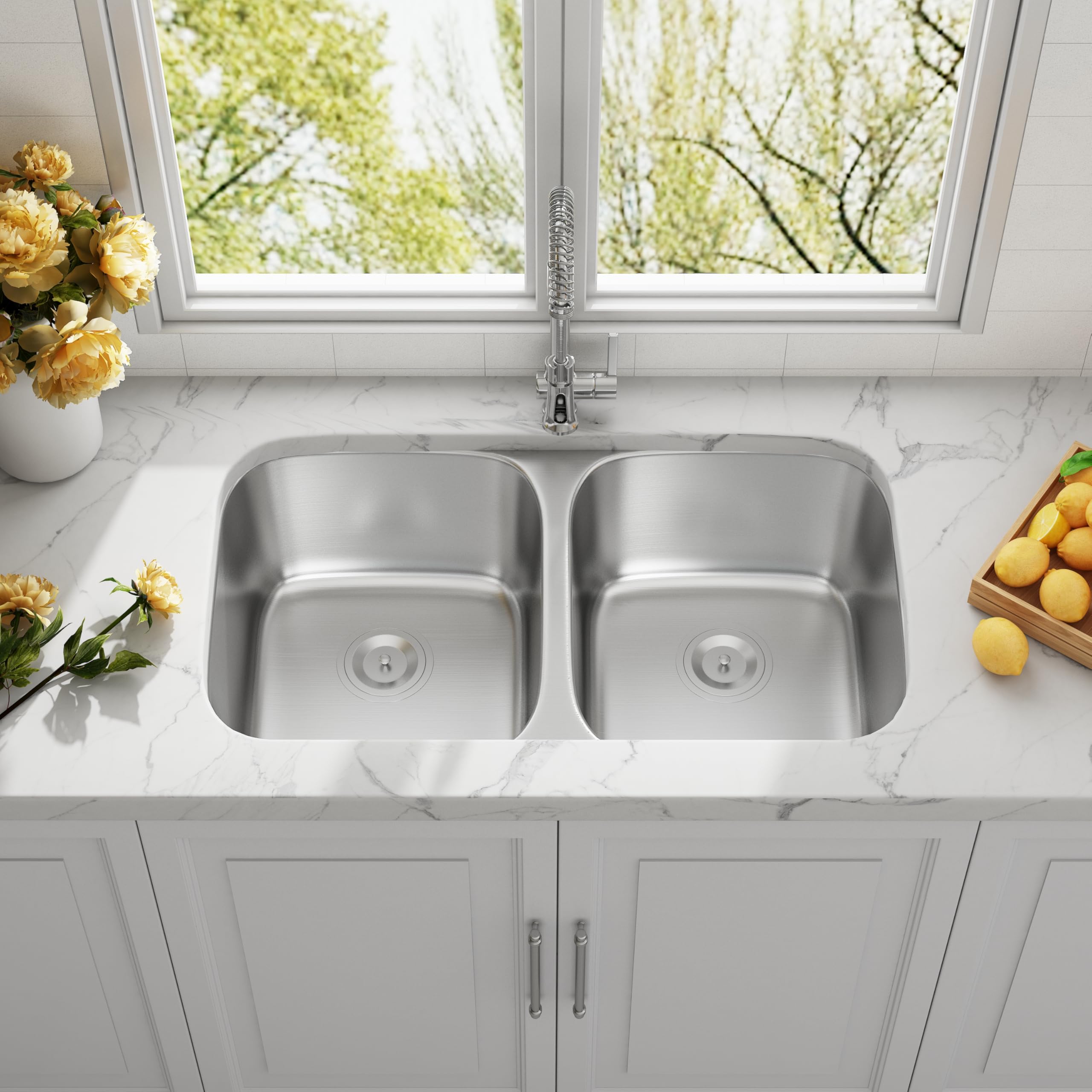 Joviprime 32 Inch Undermount Double Bowl Kitchen Sink 50/50 18 Gauge 304 Stainless Steel Spacious Double Bowl Design Sink With S