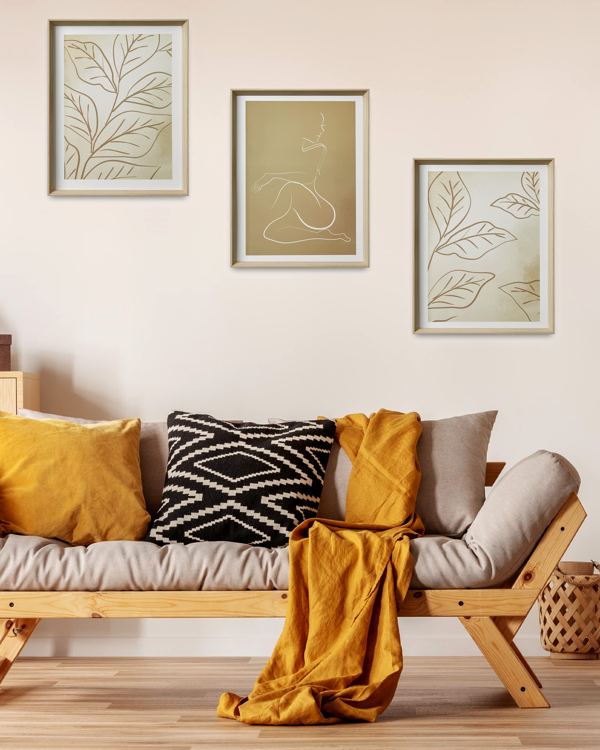 Upwoigh Boho Canvas Wall Art(No Plexiglass), Framed High Side Wall Art, 16X12In Yellow-Brown Abstract Woman And Leaf Lines Minim