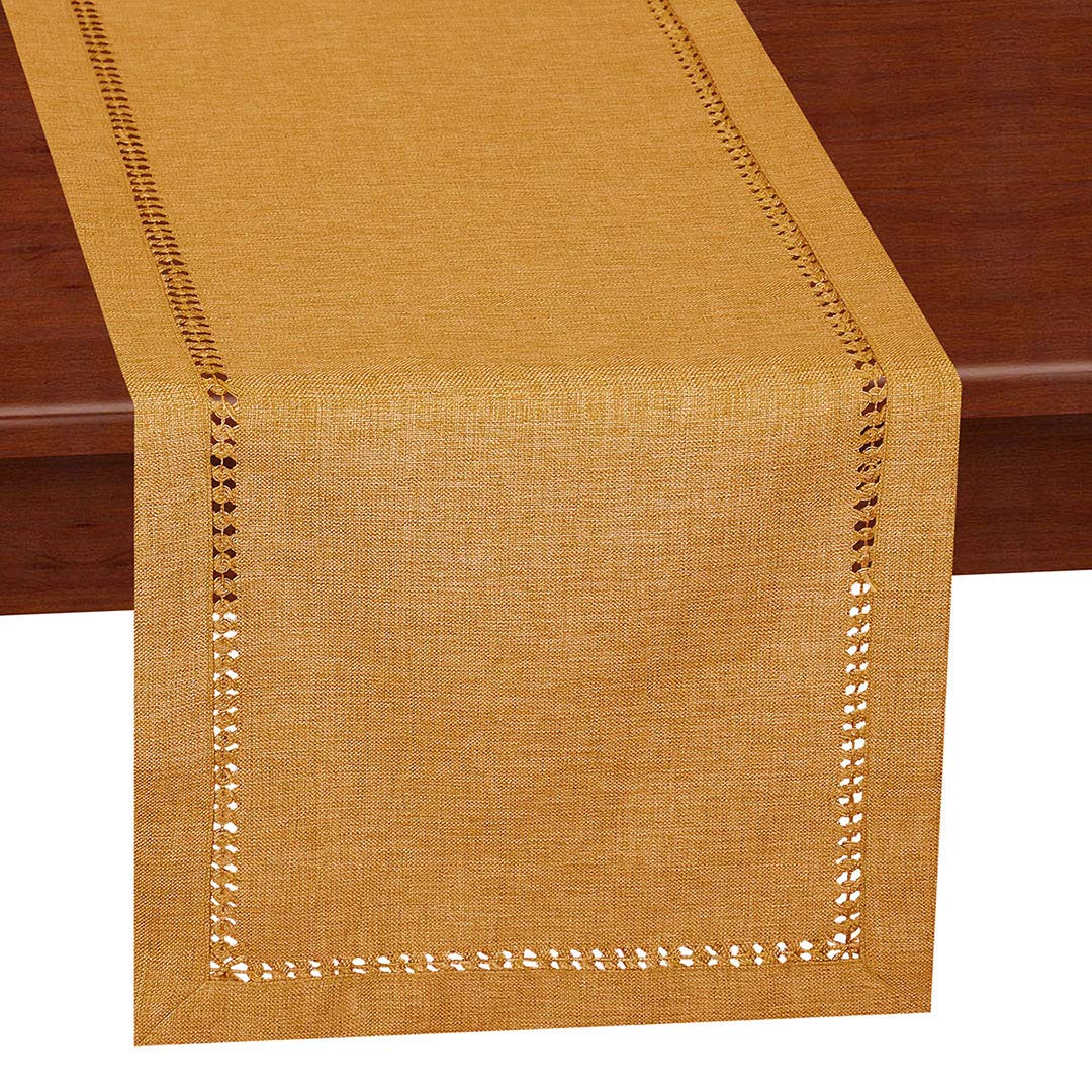 Grelucgo Handcrafted Solid Color Dining Table Runner, Dresser Scarf, Double-Hemstitched (Mustard Gold, 14 X 108)