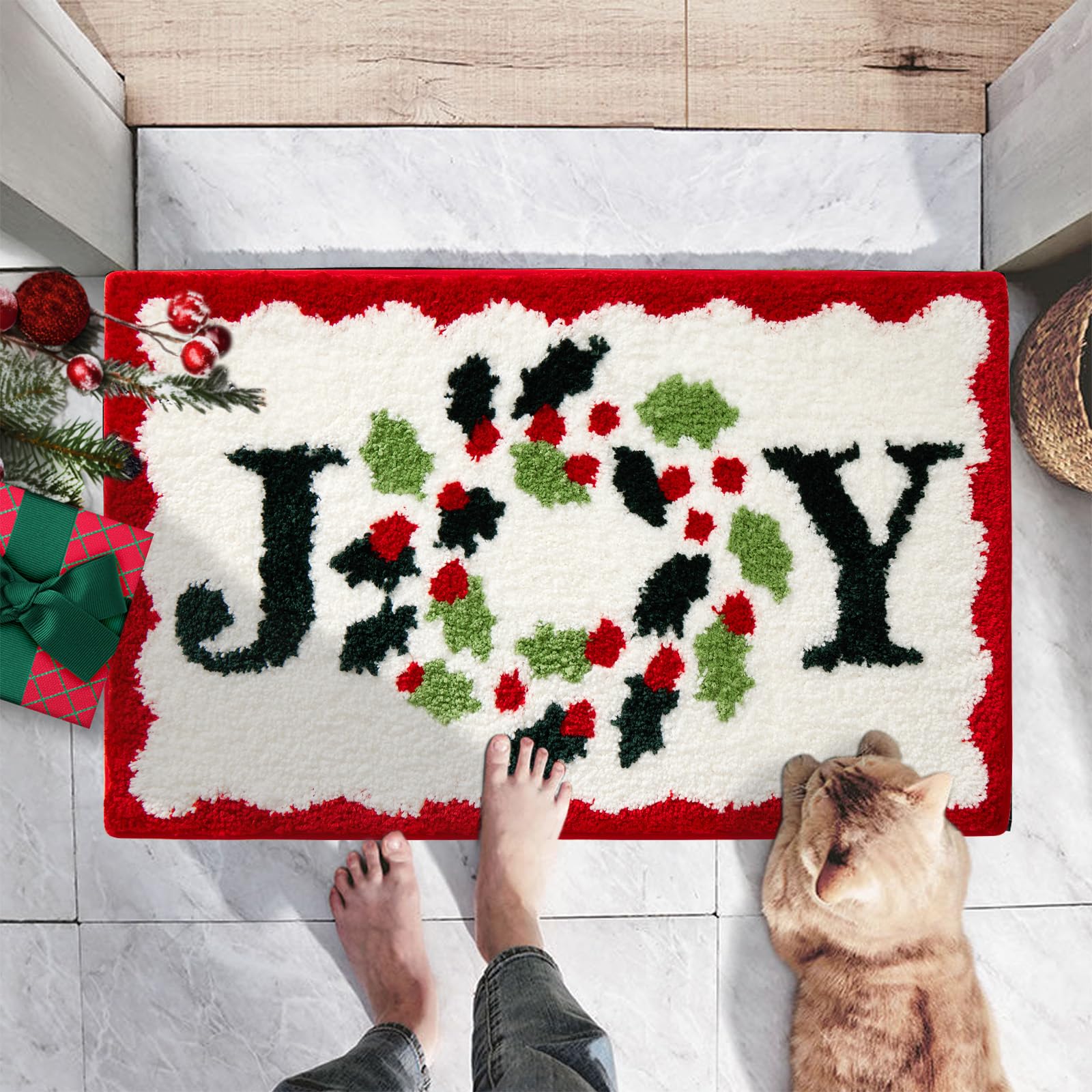 Baccessor Christmas Bath Rugs Mat For Bathroom, Cute Joy Plush Non Slip Water Absorbent Washable Red Green Bathroom Rugs Mats Fo