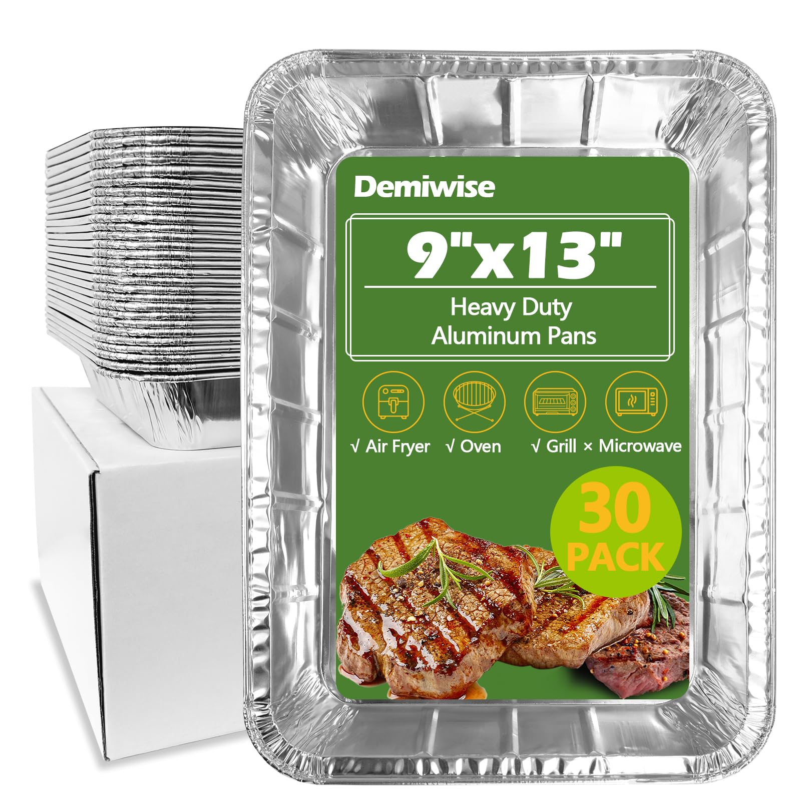 Demiwise Thickened 30 Pack Heavy Duty Aluminum Pans, 13X9 Aluminum Foil Pans Disposable, Half Size Steam Table Foil Baking Tray 