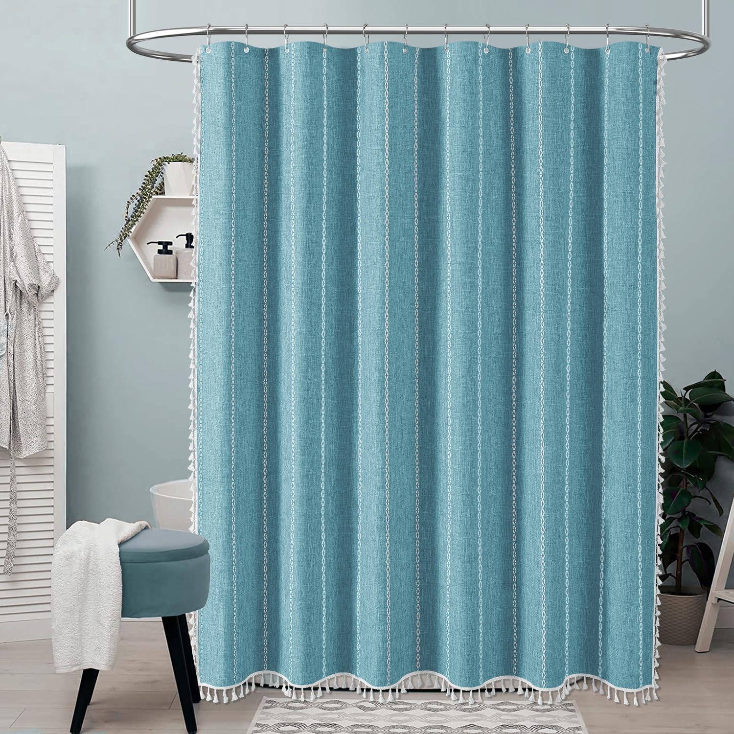 Bttn Extra Long Shower Curtain, 96 Inch Boho Rustic Striped Fabric Shower Curtain Set With Tassel, Water Repellent, Tall Bohemia