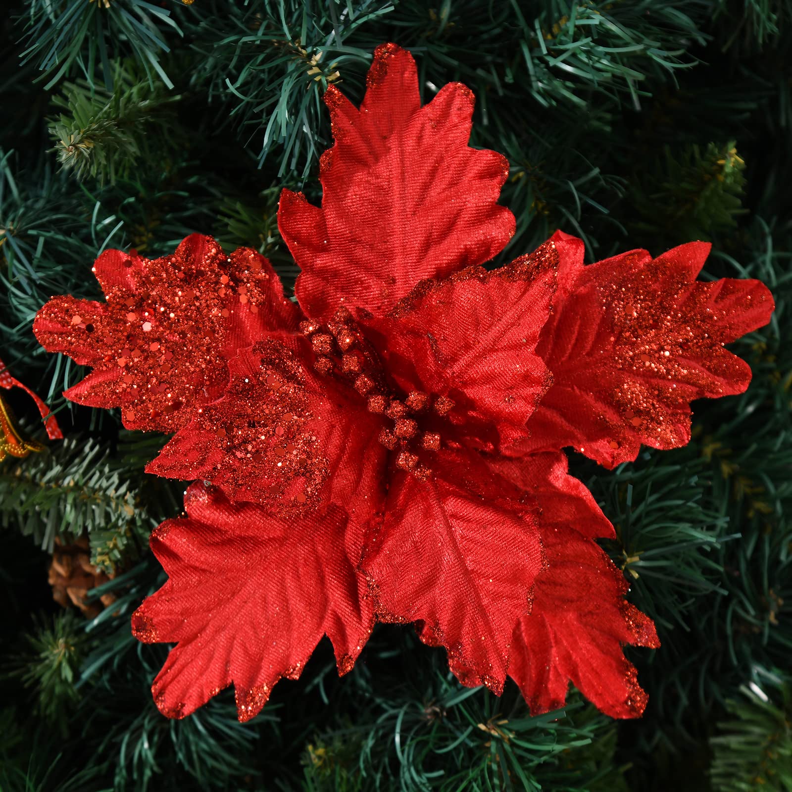 FuleHouzz 10pcs Glitter Decorated Large Poinsettias Decorative Christmas Flower Stems for Christmas Tree Wreaths Wedding Decor,