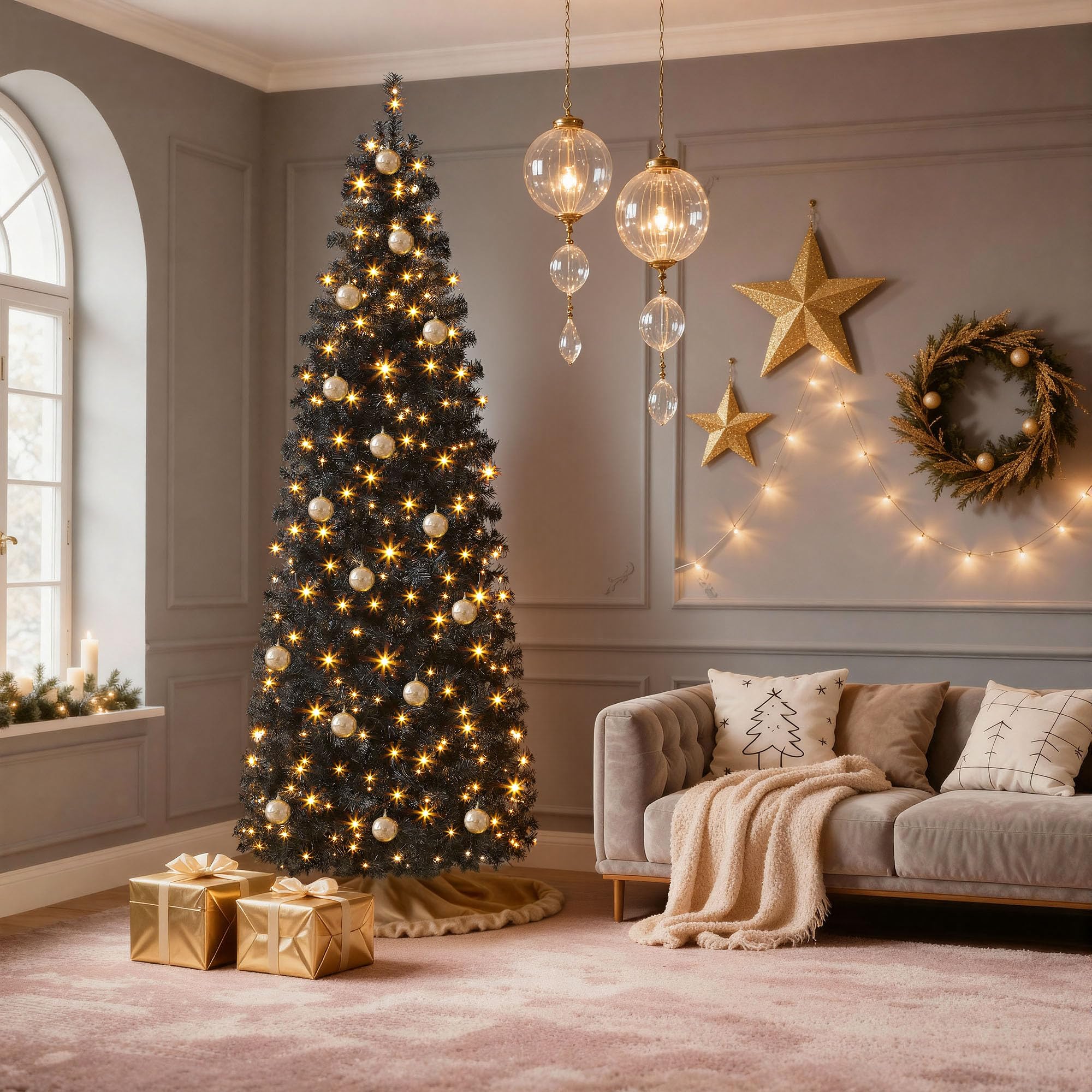 DWVO Pre-Lit Slim Artificial Pencil Tree 6ft, Black Hinged Design for Halloween and Christmas with 700 Branch Tips and 200 Light