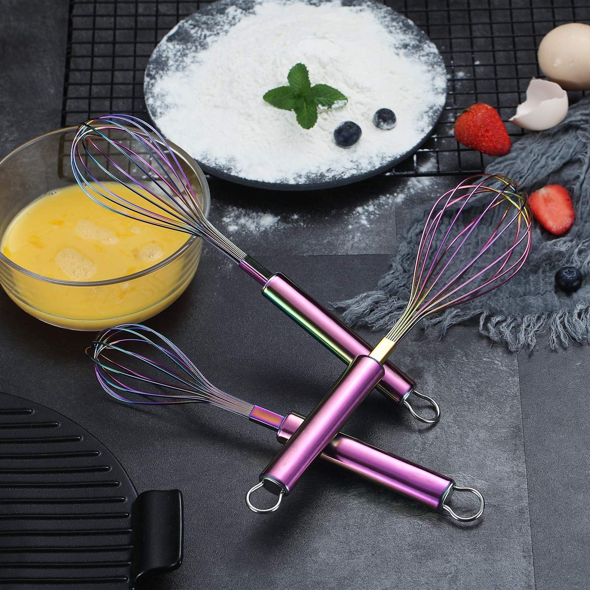 Berglander Rainbow Whisk Pack Of 3 Stainless Steel 8'',10'',12'', Titianium Plating Rainbow Whisk Colorful Whisk For Cooking, Be