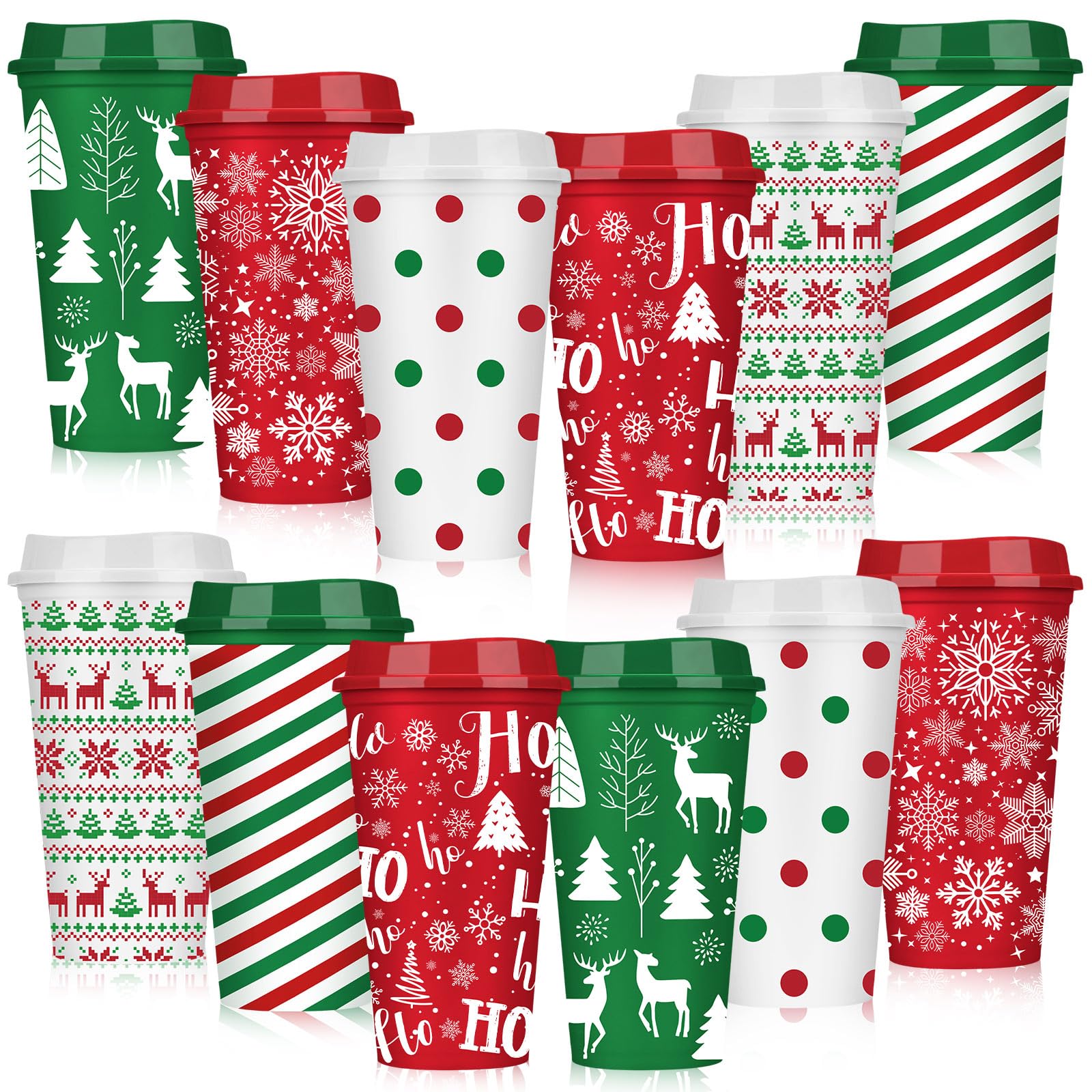 Pickmesh 12 Pcs Christmas Coffee Cups Gifts Bulk 16 oz Reusable Christmas Tree Snowflake Elk Pattern Tumblers with Lid Plastic T