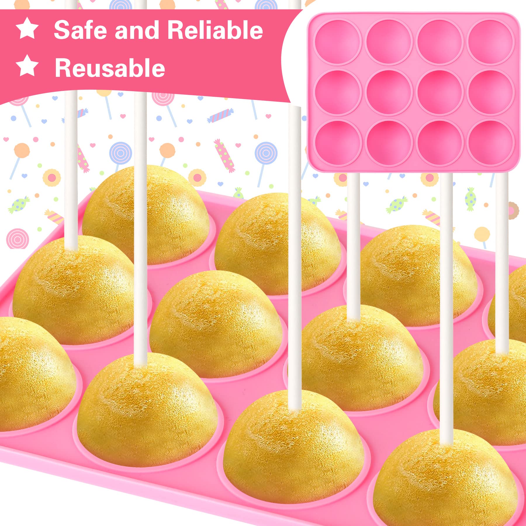 Julmelon Cake Pop Mold,12Pcs Capacity Silicone Cake Pop Mold Set, Cake Pop Maker With 100Pcs Cake Pop Sticks 100Pcs Candy Treat