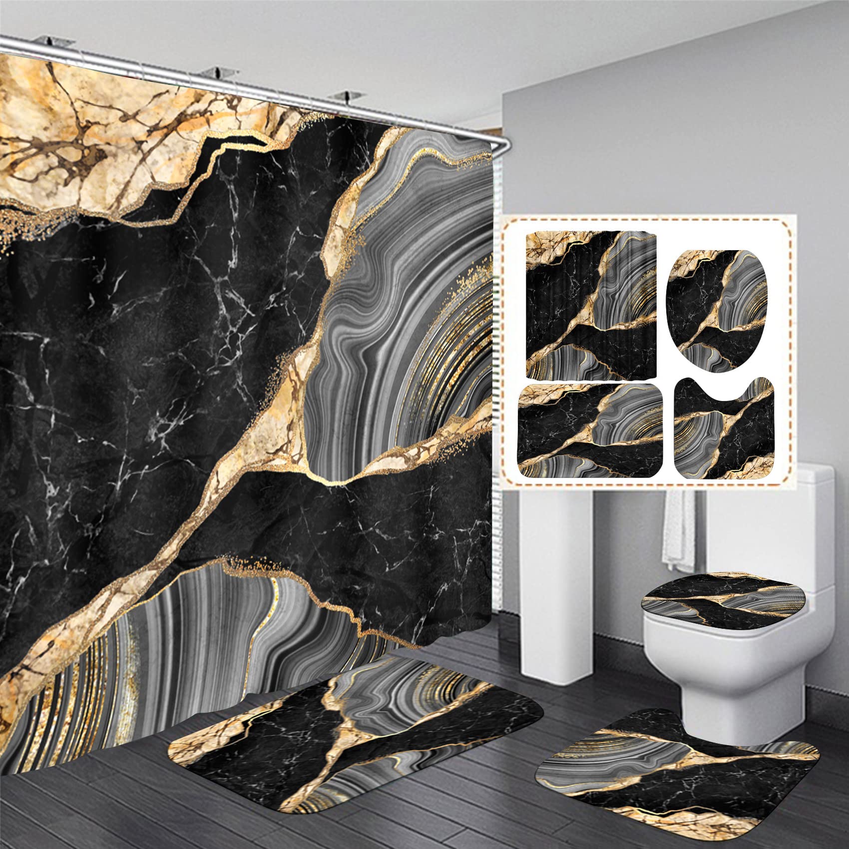 Nkzply 4 Pcs Black Marble Shower Curtain Sets With Rugs Gold Bathroom Sets With Shower Curtain And Rugs Modern Abstract Grey Bat