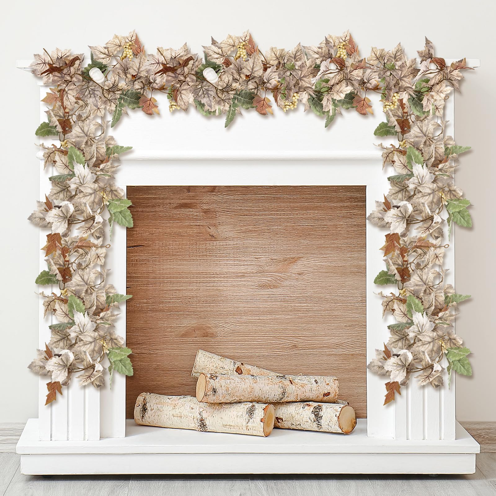 Riceshoot 2 Pcs Thanksgiving Garland 6 ft Fall Leaves Garland with White Pumpkins Autumn Maples Berry Garland Christmas Hallowee