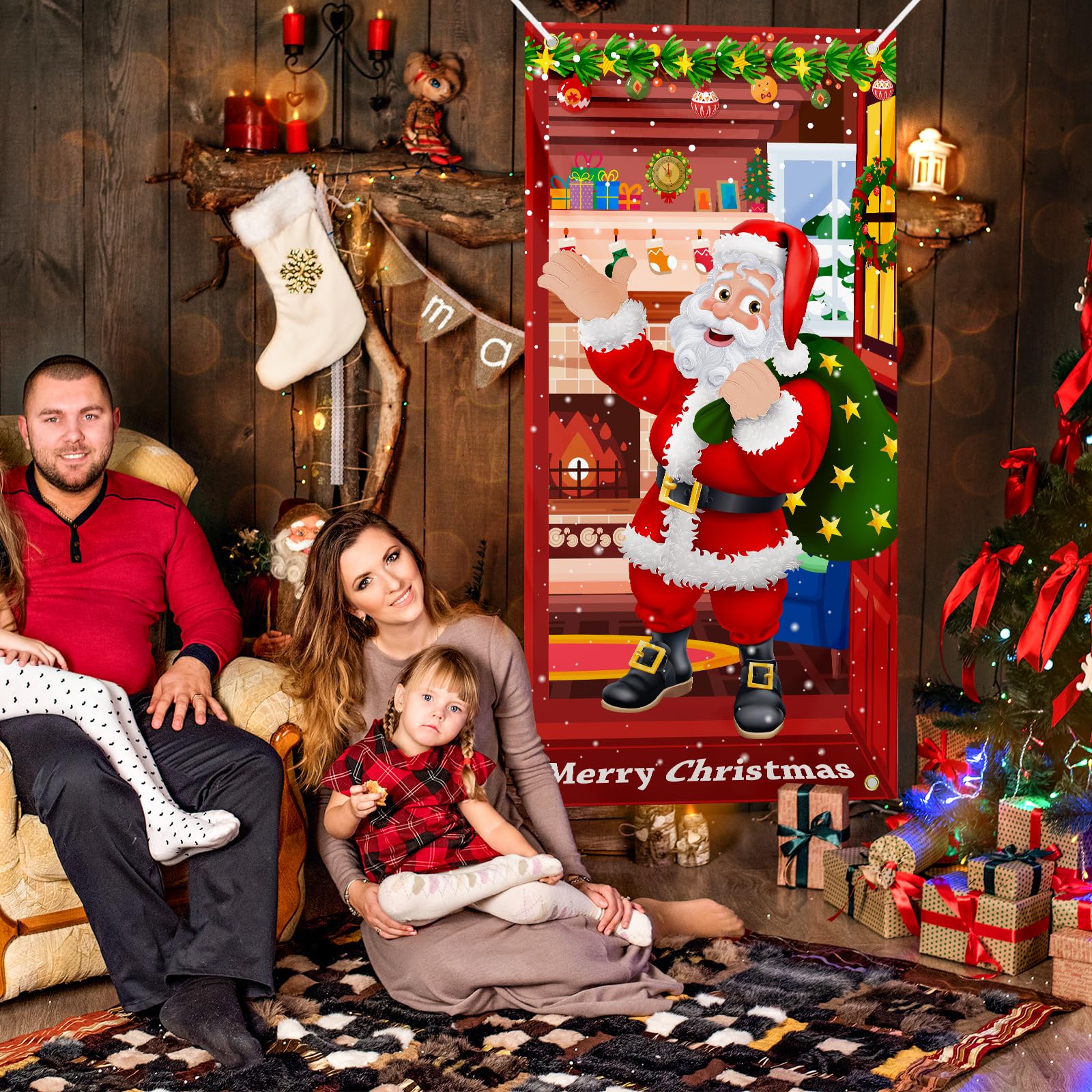 Christmas Door Cover Santa Claus Decoration Xmas Large Photography Background Banner Porch Sign For Winter Indoor Outside Front