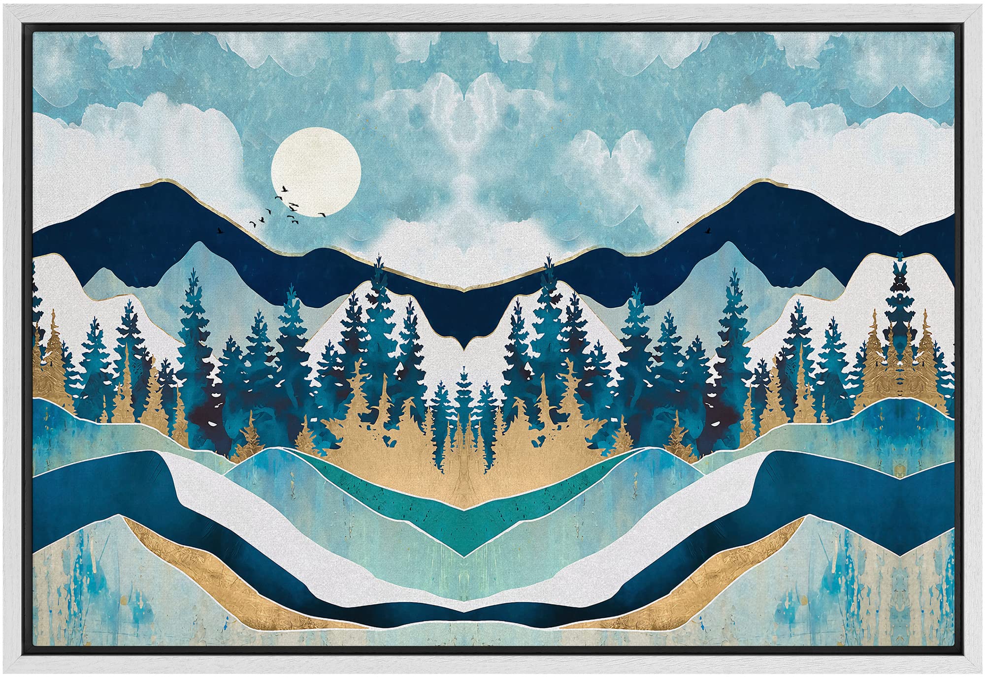 Signford Framed Canvas Print Wall Art Woodland Nursery Decor Symmetrical Teal & Blue Forest & Mountains Abstract Wilderness Mode