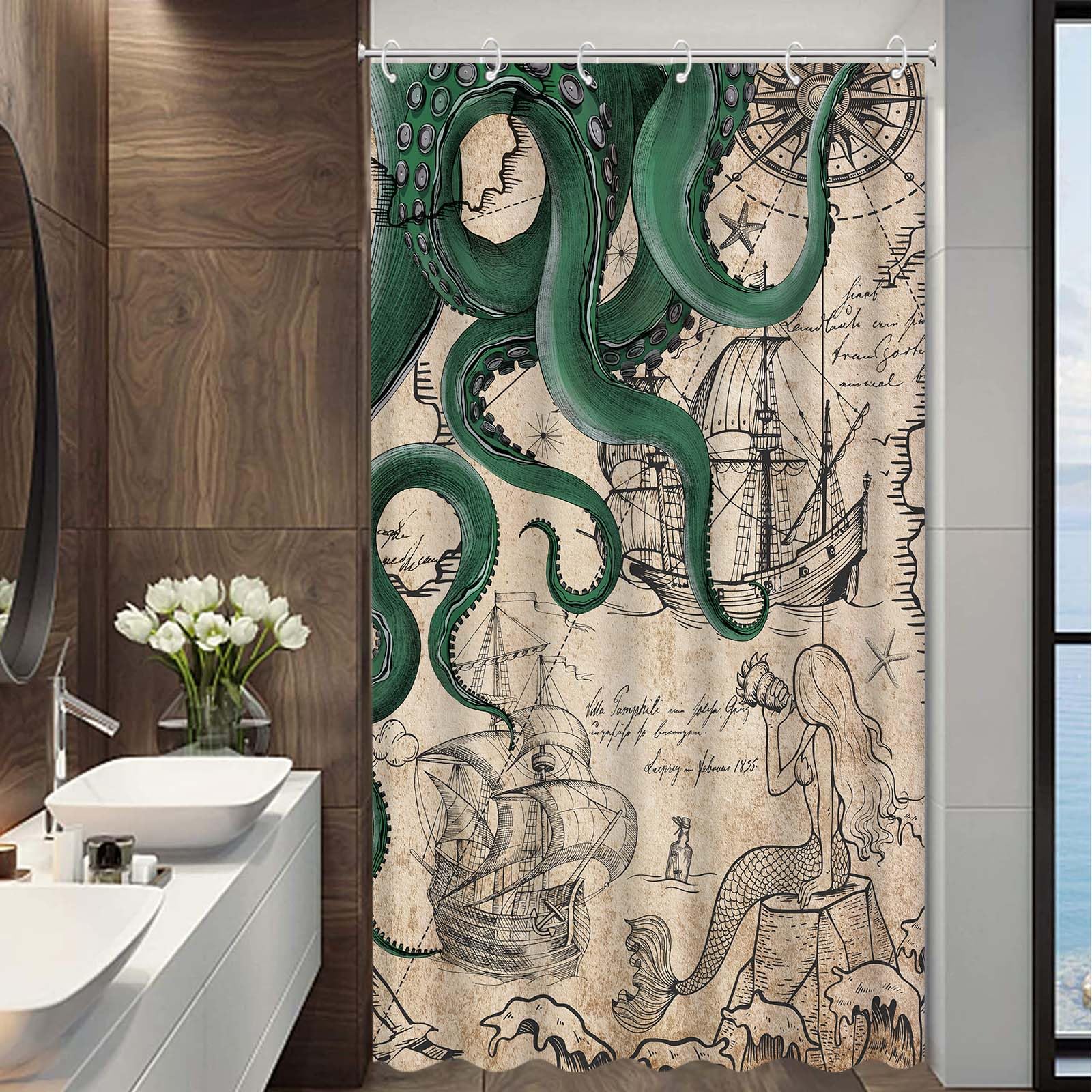 Fungarth Stall Vintage Green Nautical Octopus Shower Curtain Mermaid Funny Ocean Kraken Shower Curtains For Bathroom Cool Anchor