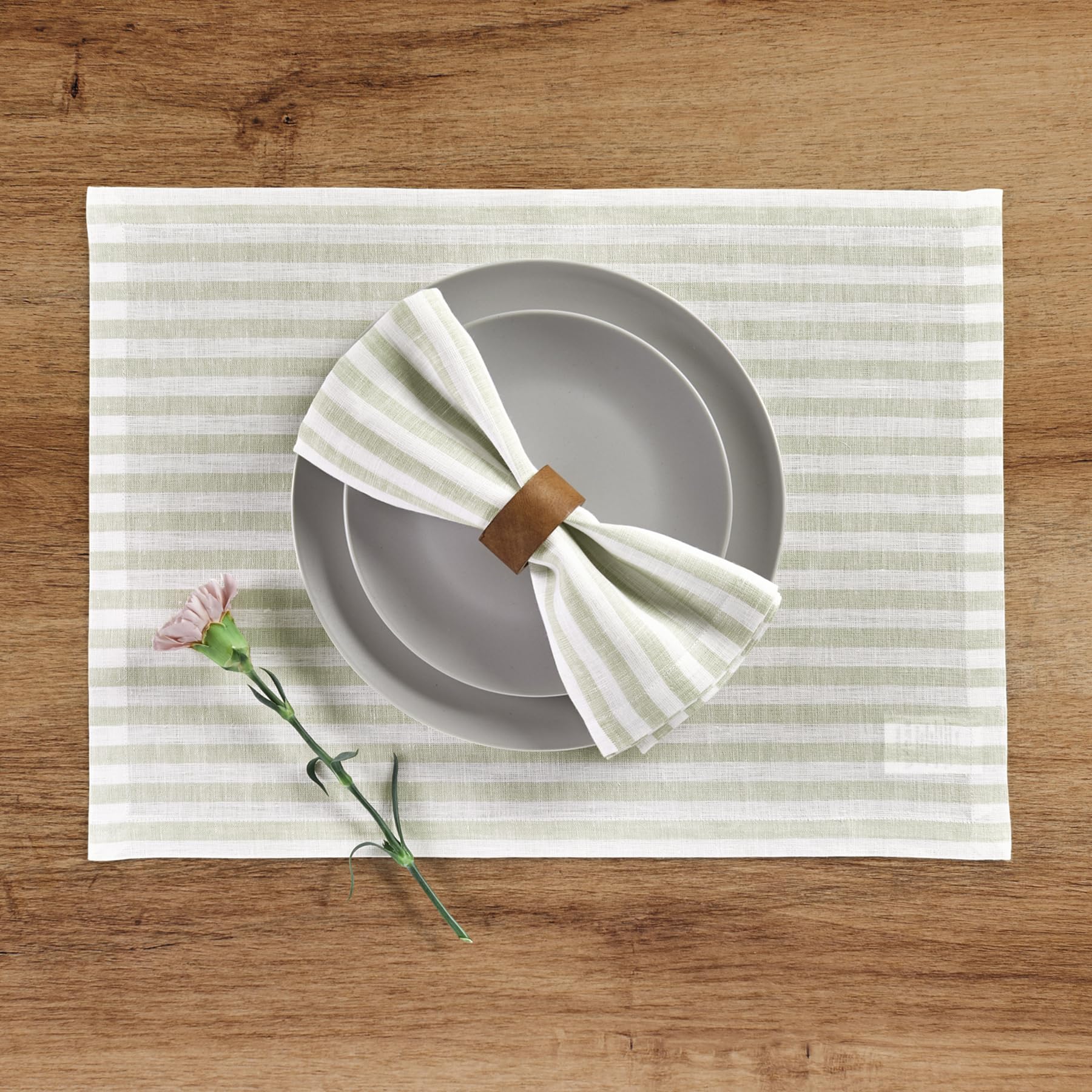 Solino Home Stripe Linen Placemats 19'' L X 14'' W Inch - 100% Pure Linen Sage And White Cloth Placemats Set Of 4 - Amalfi Strip