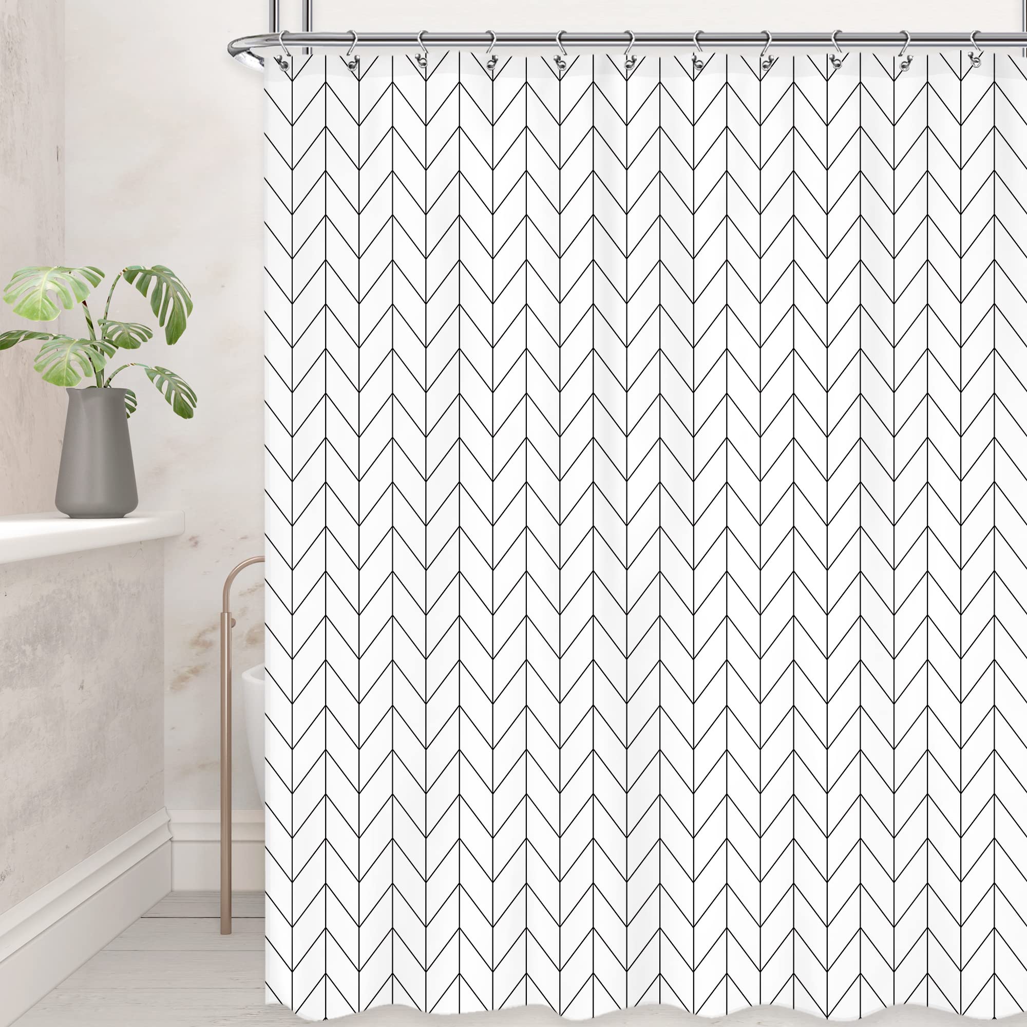 Riyidecor Chevron Shower Curtain Geometric Herringbone 72Wx96H Inch Striped Extra Long Simple Modern Classy Neutral Contemporary