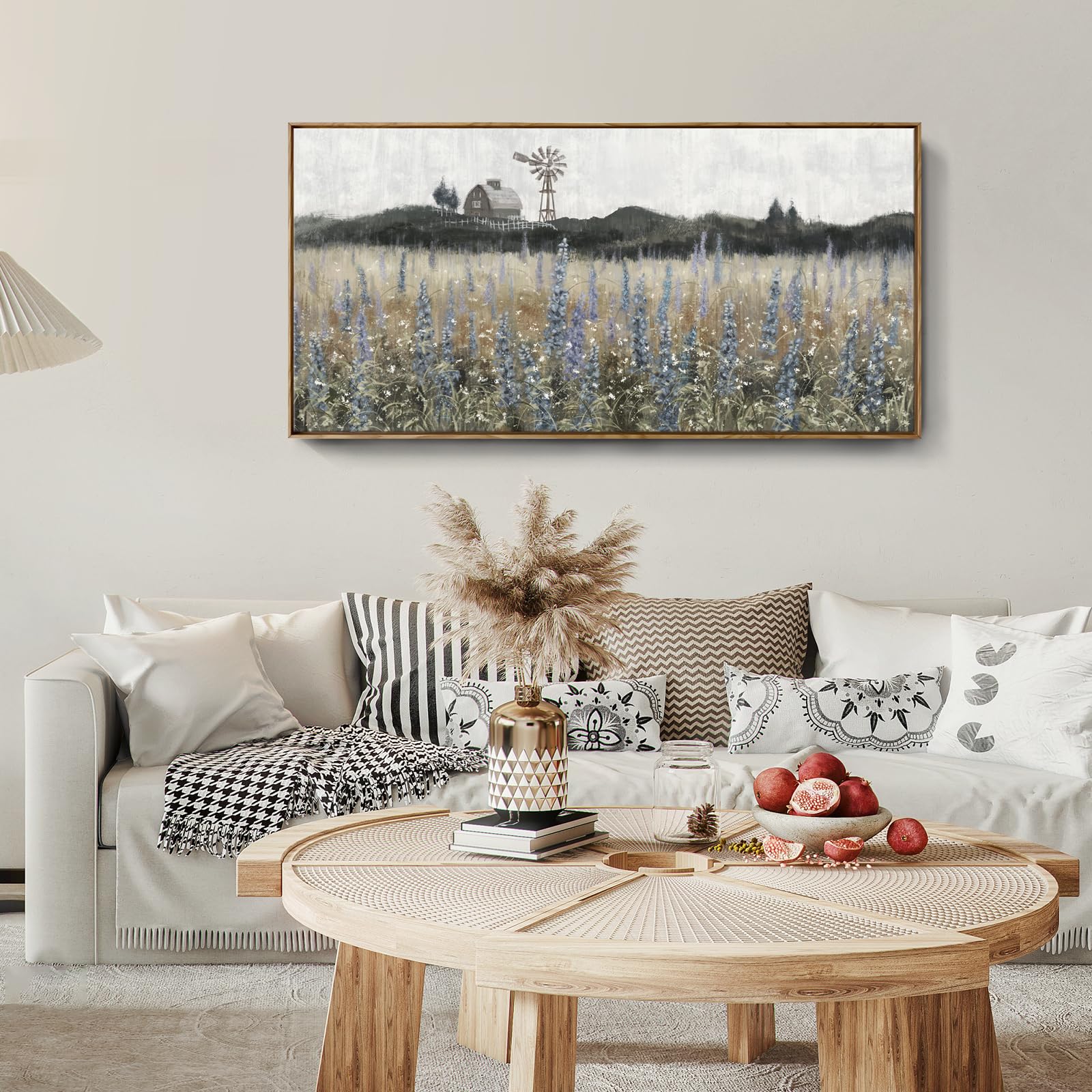 Framed Canvas Wall Art For Living Room Rustic Farmhouse Scenery Vintage Countryside Windmill Barn Picture Nature Wilderness Land