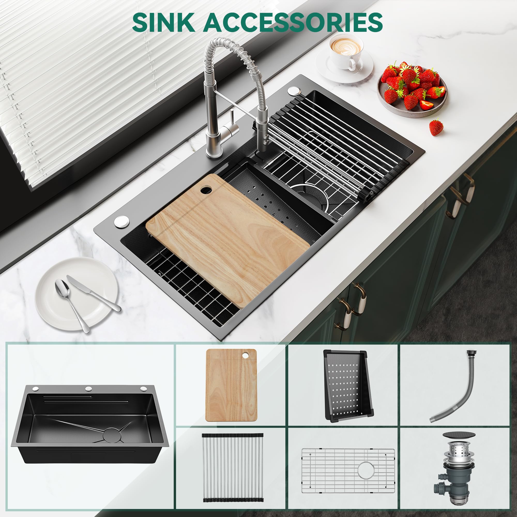 Yitahome Drop In Kitchen Sink Workstation 30 Inch, Top Mount Stainless Steel Nano Gunmetal Black Sink W/Cutting Board& Strainer,
