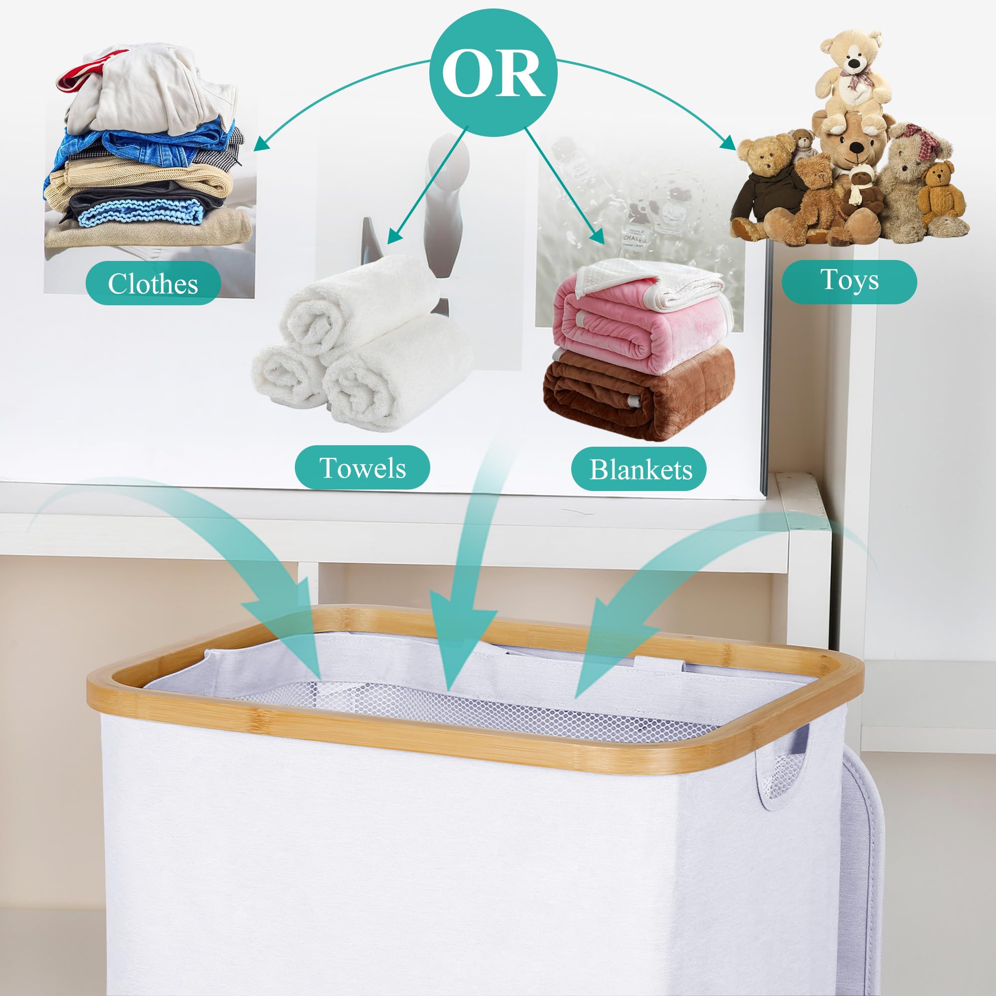 Iegrow 110L Laundry Hamper With Lid,Dirty Clothes Hampers For Laundry,Laundry Basket With Bamboo Handles And Removable Bag,Hampe