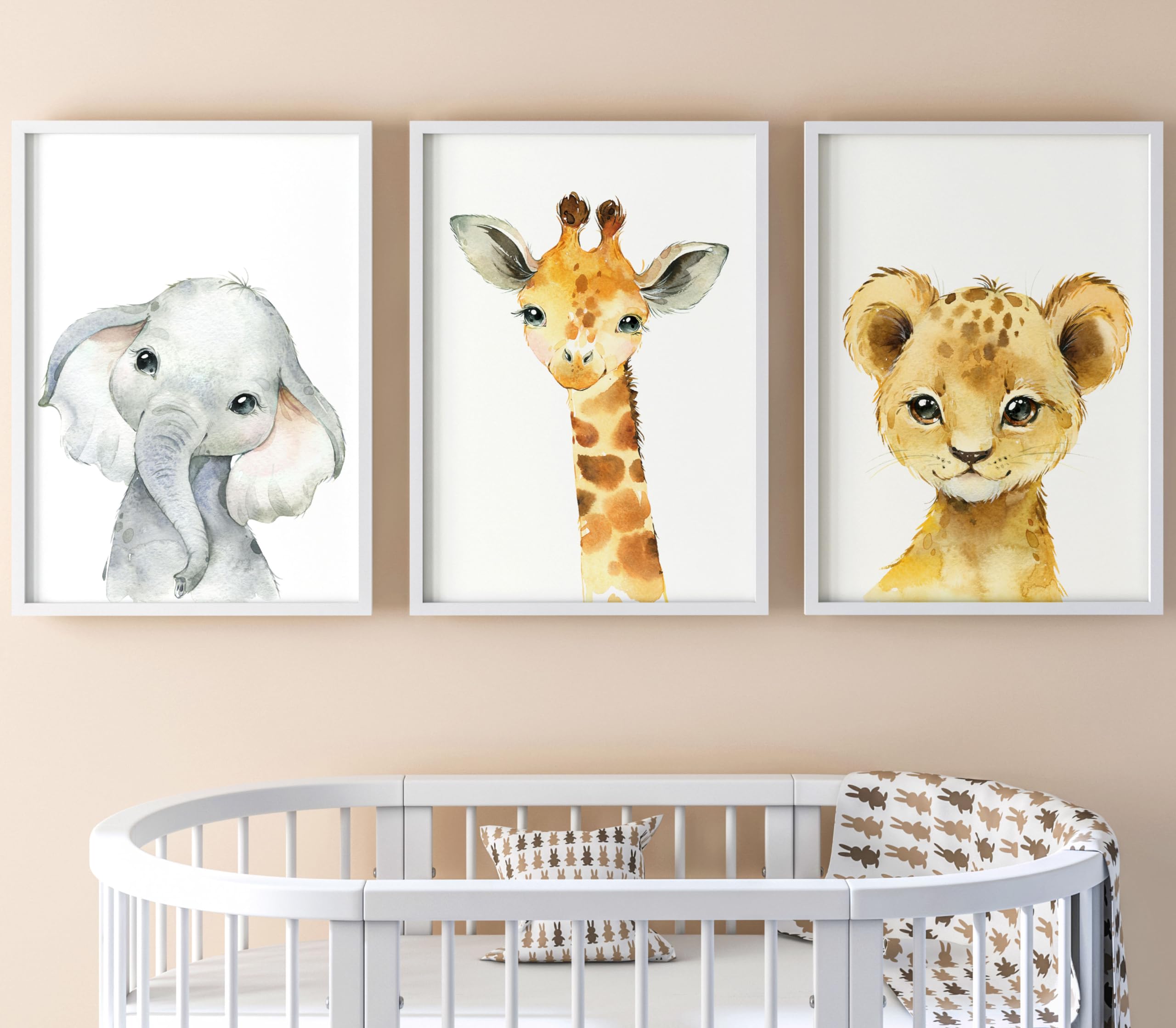 Baby Safari Animals For Girl Or Boy Nursery Bedroom, Set Of 3 Unframed Wall Art Prints, Nursery Decor Gift, Giraffe Elephant Lio