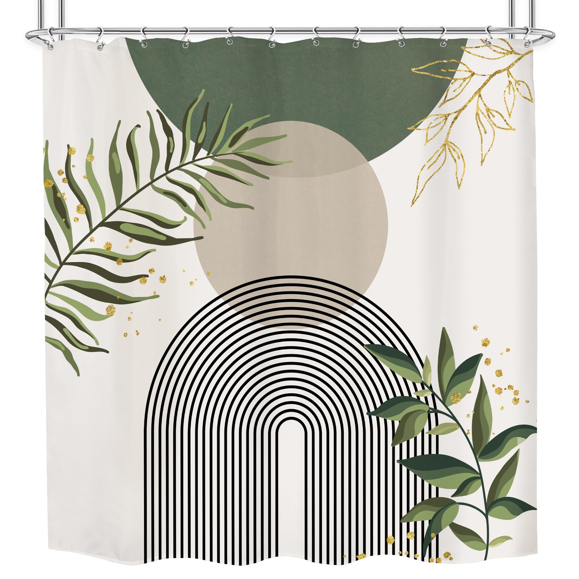 Mitpok Sage Green Boho Mid Century Shower Curtain 72Wx72H Abstract Gold Leaves Grey Modern Sun Arch Minimalist Geometric Aesthet