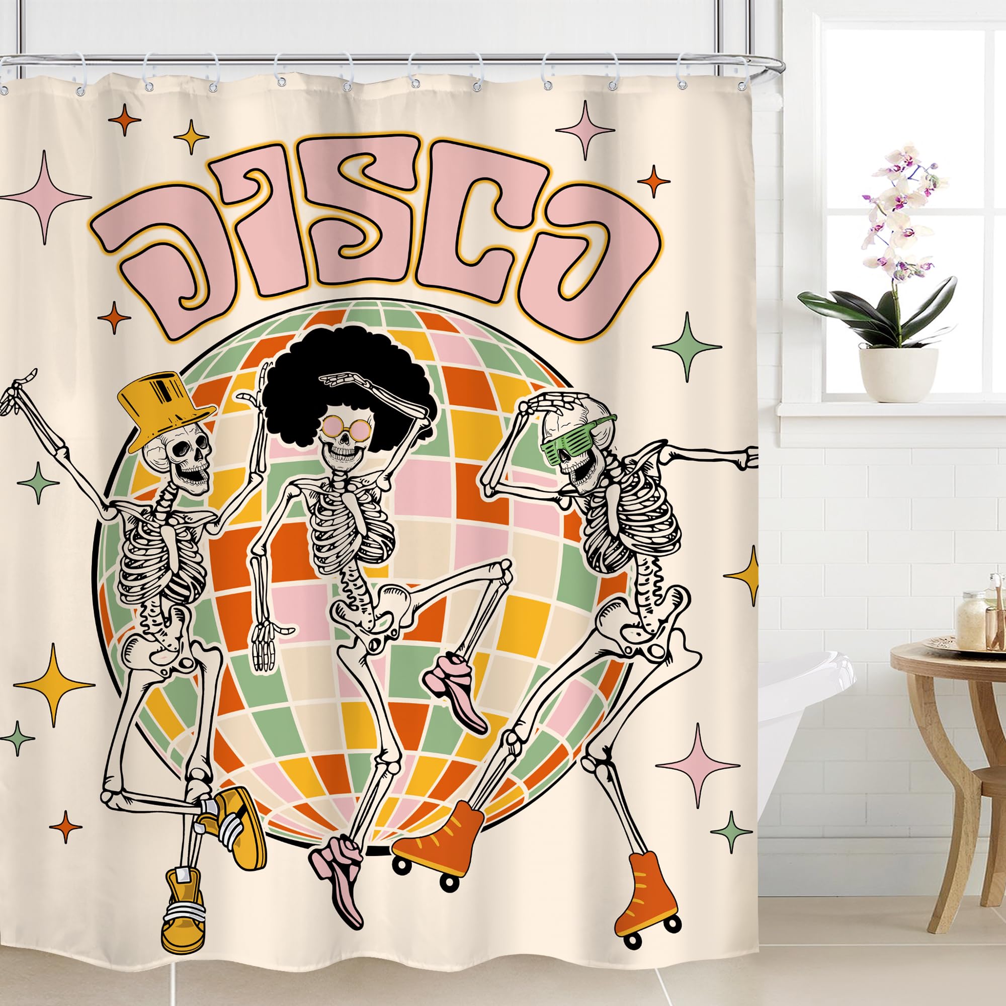 Mitpok Retro Skull Skeleton Shower Curtain, Funny Vintage Groovy Y2K 70S Disco Shower Curtain, Gothic Spooky Cool Unique Modern