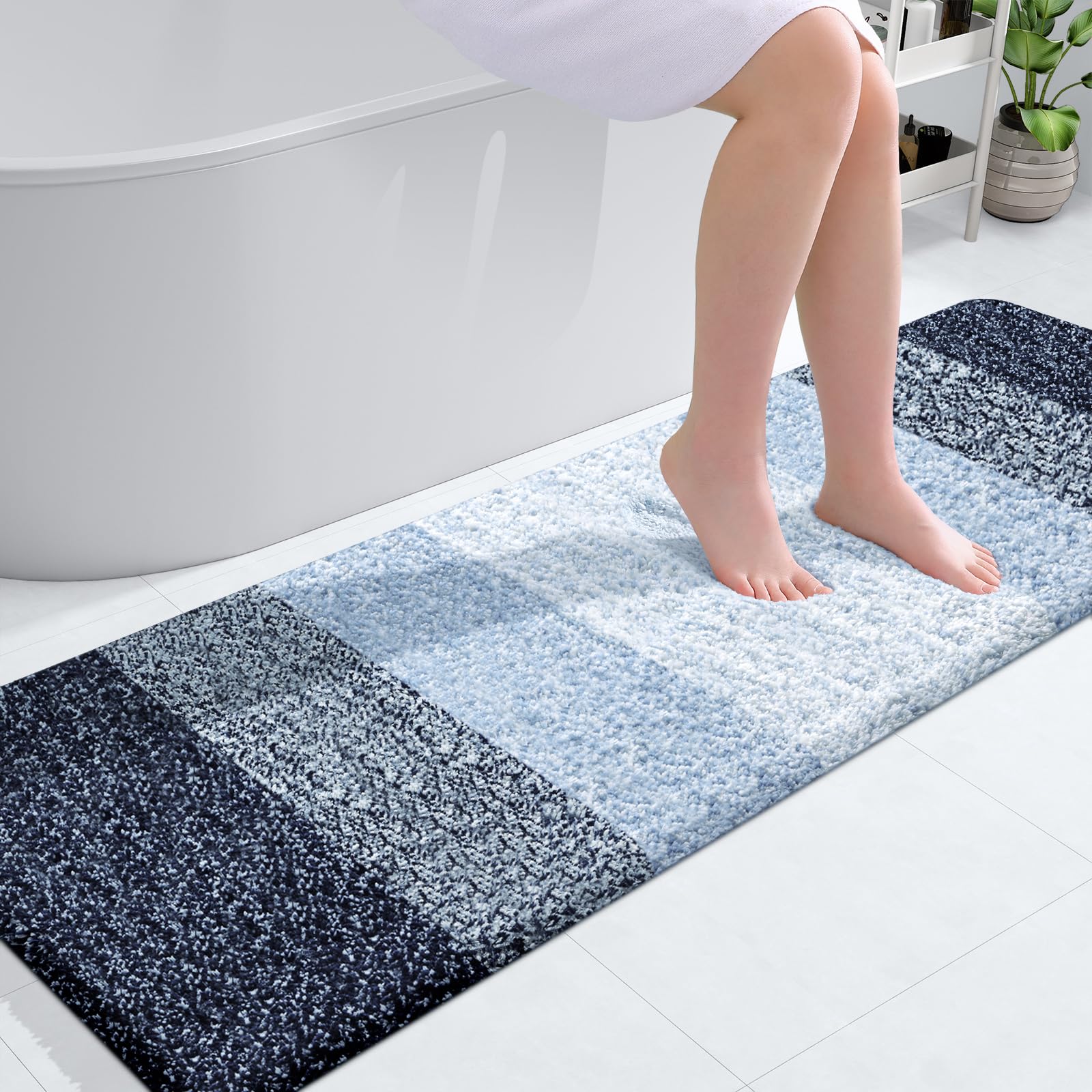 OLANLY Luxury Bathroom Rug Mat 59x20  Extra Soft and Absorbent Microfiber Bath Rug  Non-Slip Plush Shaggy Bath Carpet Runner  Machine Wash Dry  Bath Mats for Bathroom Floor  Tub and Shower  Navy Blue