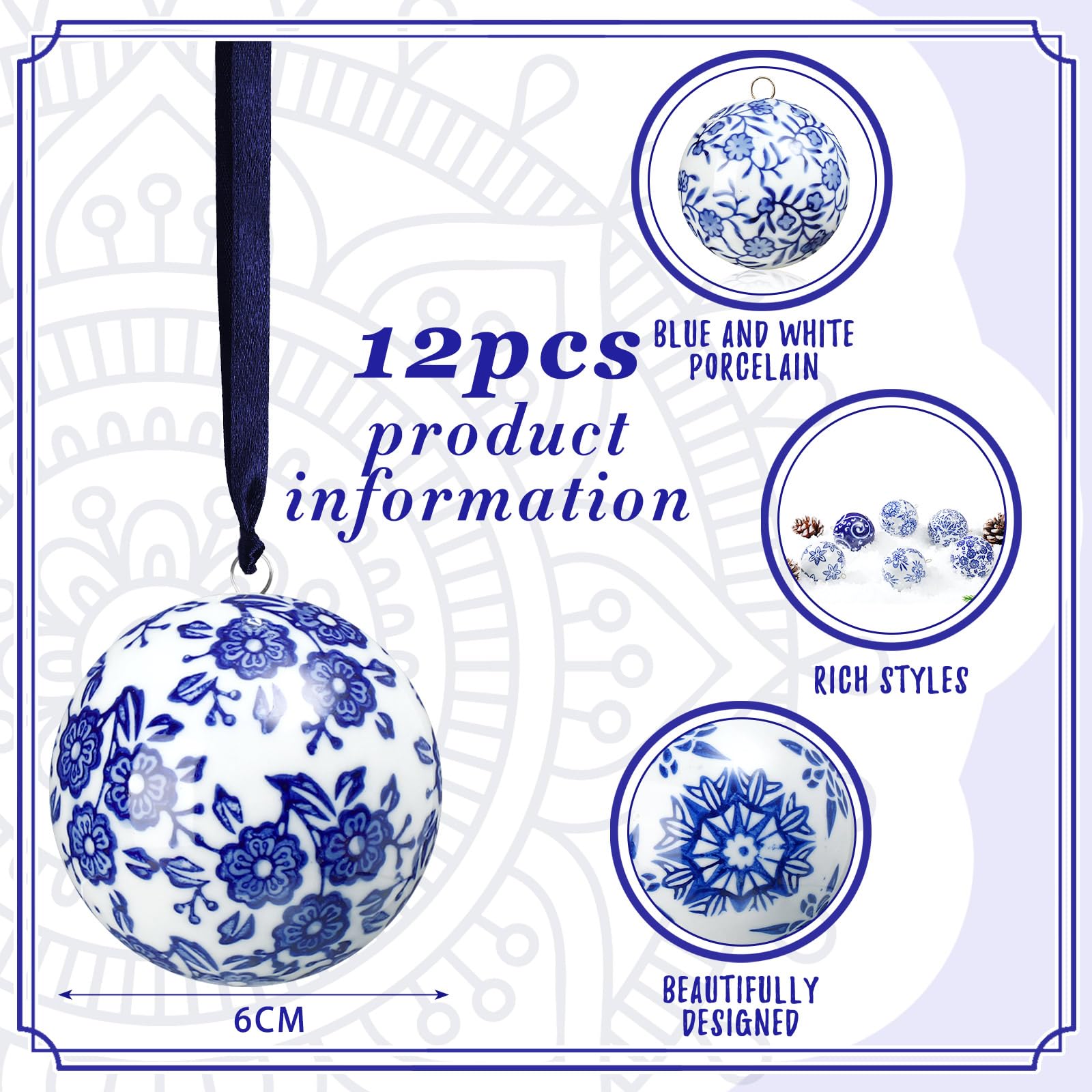 Cindeer 12 Pcs Blue and White Christmas Porcelain Balls 2.4 Inch Porcelain Chinoiserie Ornament Bulk Christmas Ceramic Hanging D