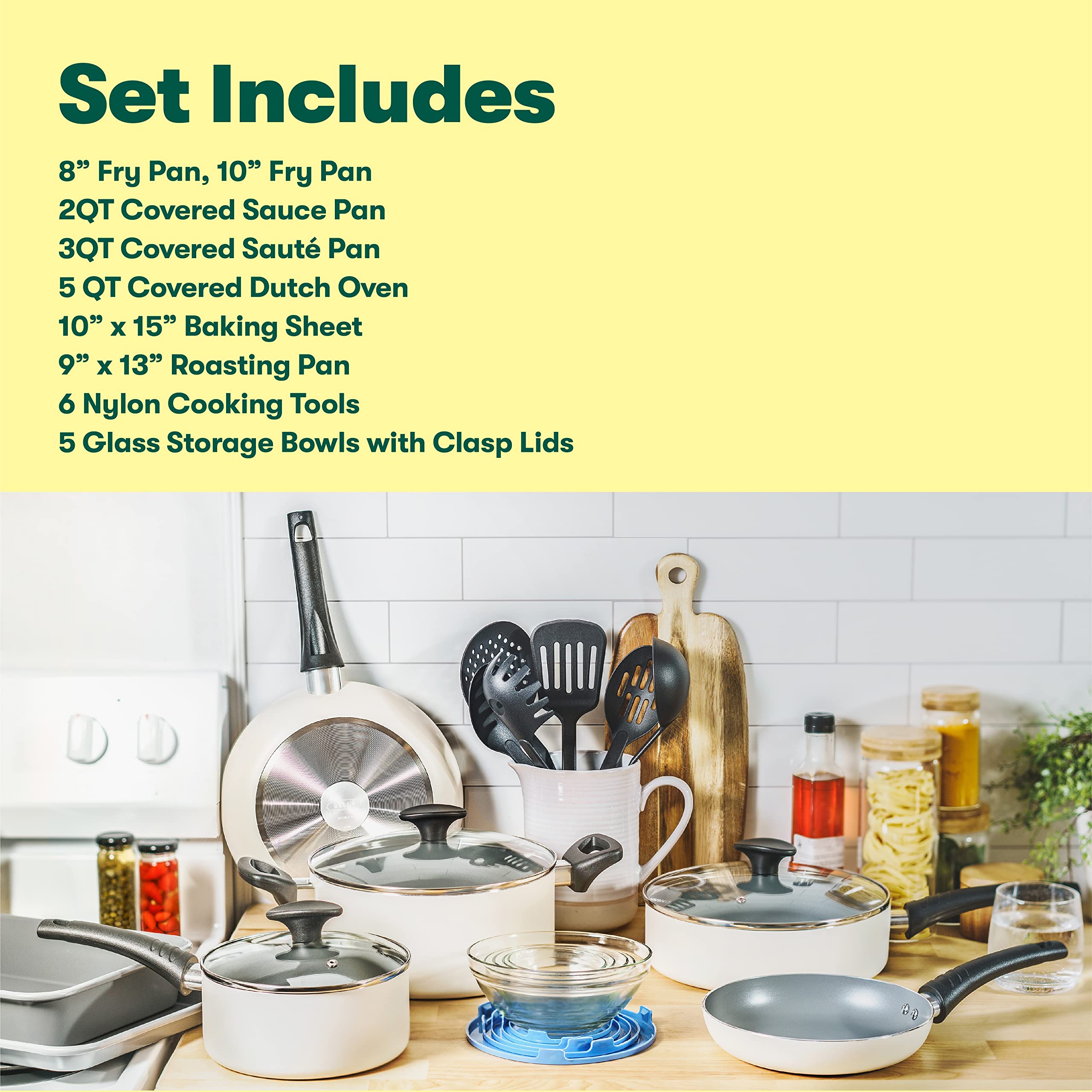bella Nonstick Cookware Set with Glass Lids - Aluminum Bakeware, Pots and Pans, Storage Bowls & Utensils, Compatible with All St
