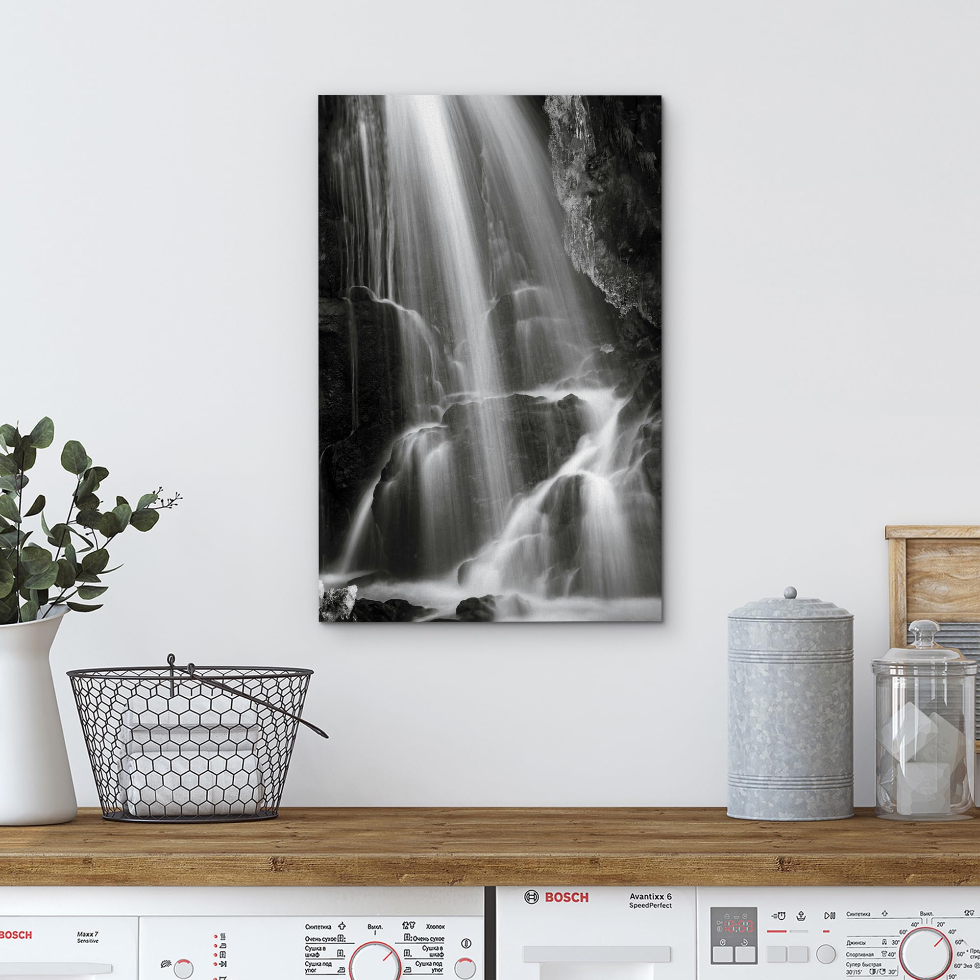 Wall26 Canvas Print Wall Art Serene Black And White Waterfall Animals Photography Realism Rustic Scenic Landscape Wilderness Zen