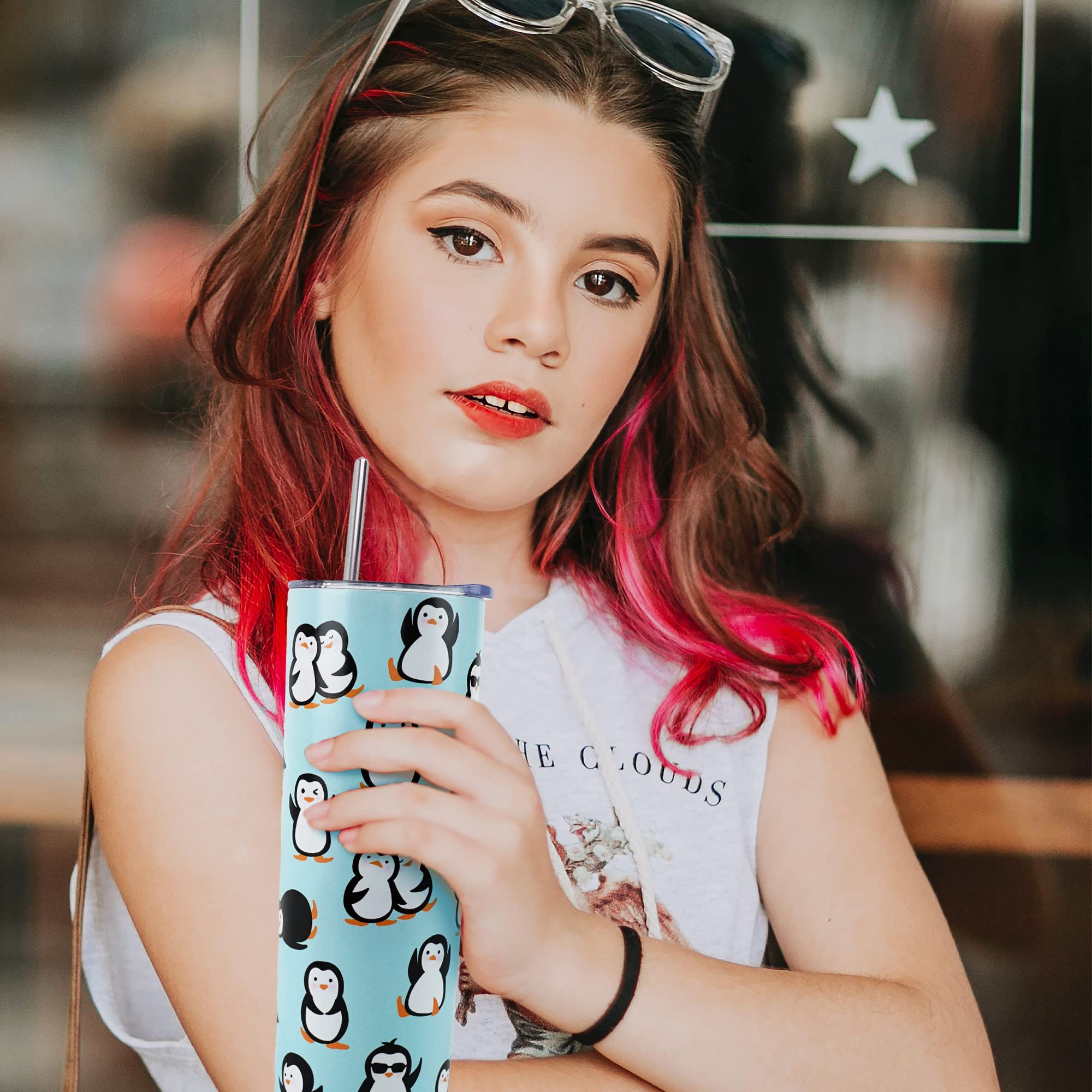Penguin Tumbler With Straw - Cute Penguin Gifts In Blue, 20 Oz - Thermal Insulated, Perfect For Coffee Or Water - Birthday Gift